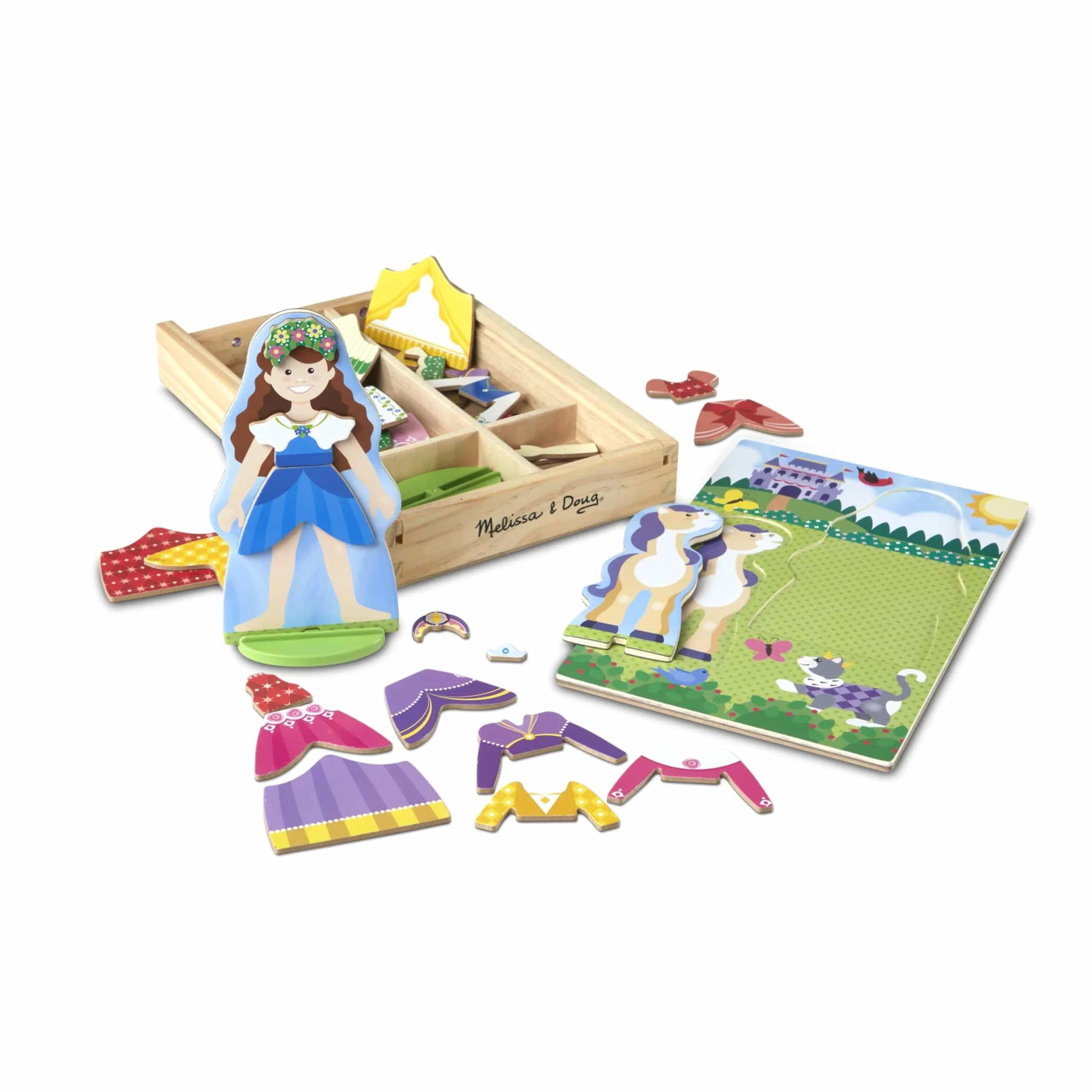 Melissa & Doug - Juego de imitación, de muñecos de madera para vestir con piezas magnéticas - Princesa y caballo (35 piezas)