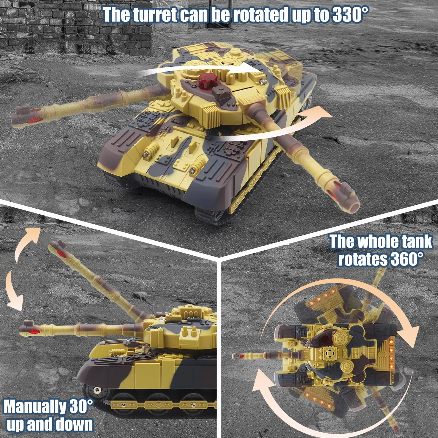 Tanque teledirigido con función de disparo por infrarrojos, 2,4 GHz, tanque de combate, juguete con torre giratoria de 360°, luz de sonido para demostración del coche, modelo de vehículo militar