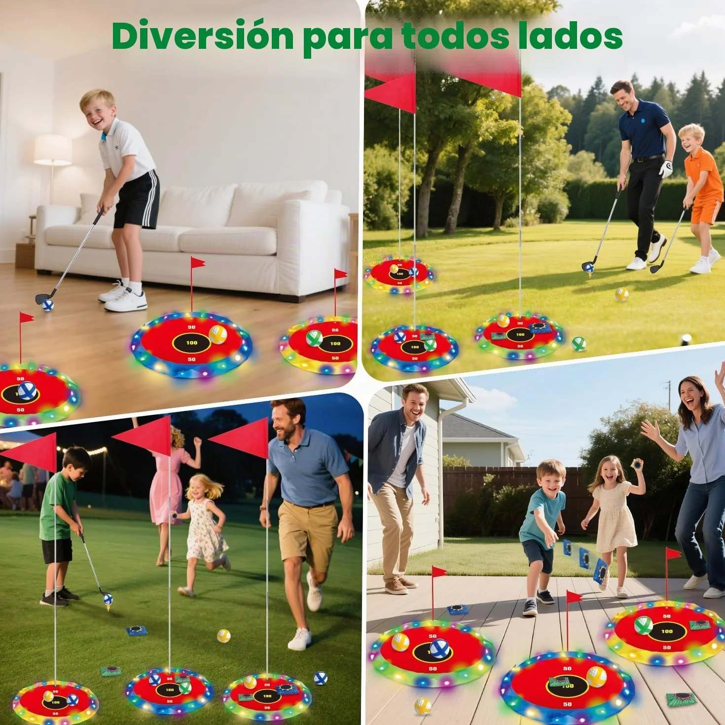 VATOS Juego de golf 2 en 1 con luz para niños - Juego de golf de astillado y lanzamiento de bolsa de puf con 6 objetivos LED, 2 palos, 18 bolas, juego de golf nocturno para fiesta en interiores al