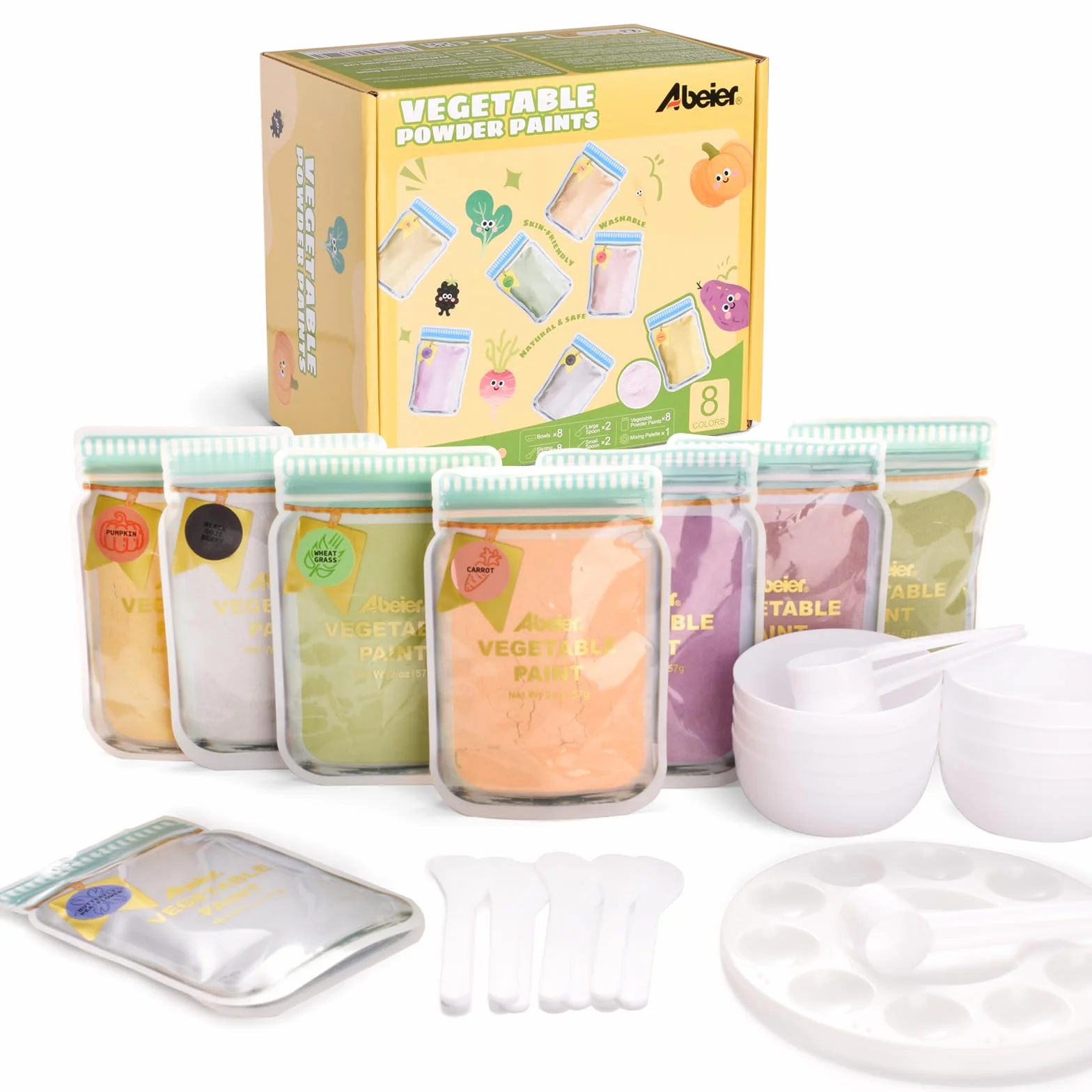ABEIER Pinturas de dedos para niños, no tóxicas, 8 x 2 oz en polvo, lavable, color natural, pintura para huellas dactilares, accesorios de pintura seguros para guardería, escuela, aprendizaje temprano