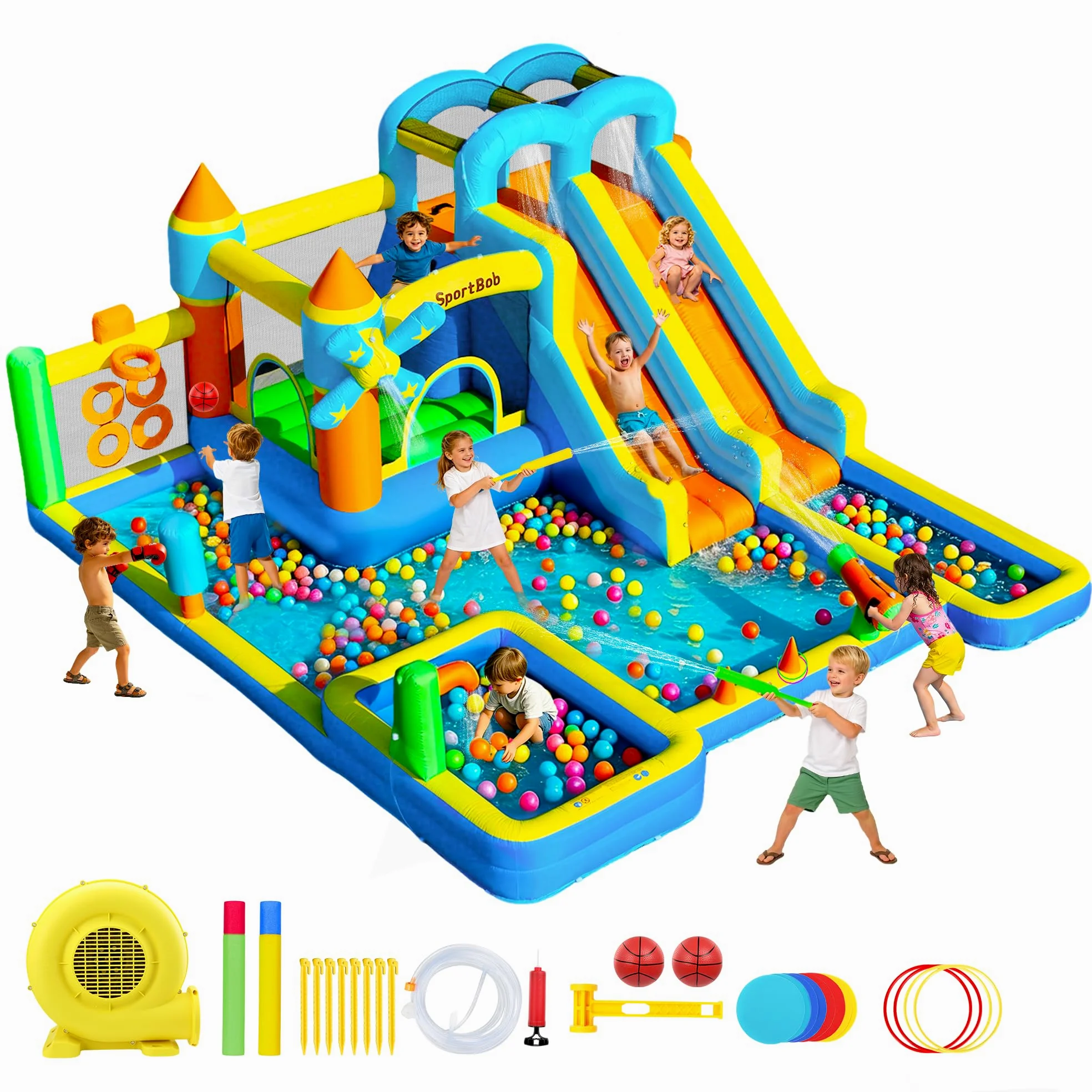 Castillo hinchable con doble tobogán, soplador, piscina infantil, zona de salto y pared de escalada, ideal para uso en interiores y exteriores, reuniones familiares y ocasiones de cumpleaños