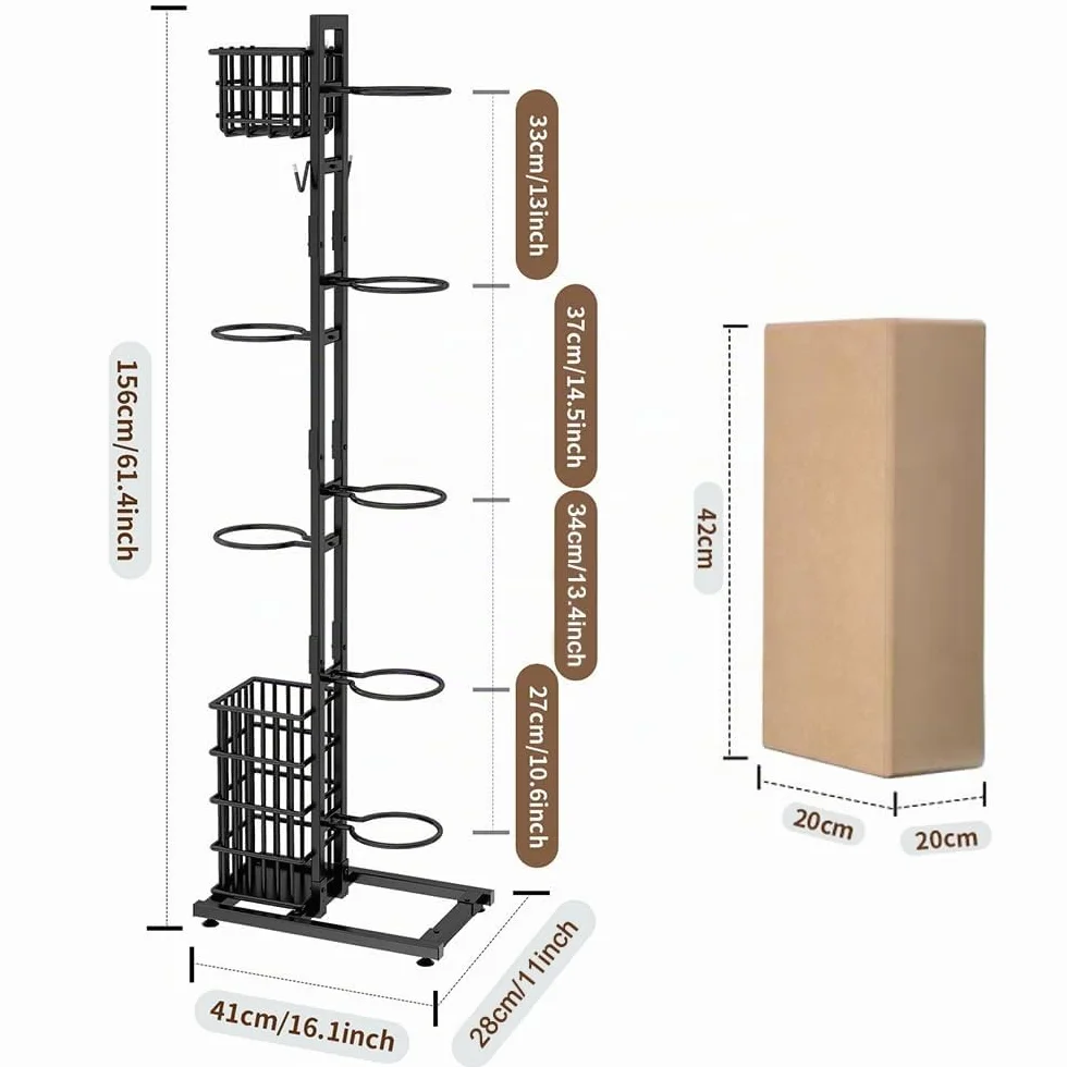 NUODWELL Estante de almacenamiento de pelotas, organizador deportivo con cesta y ganchos, estante de baloncesto de metal, para garaje y hogar