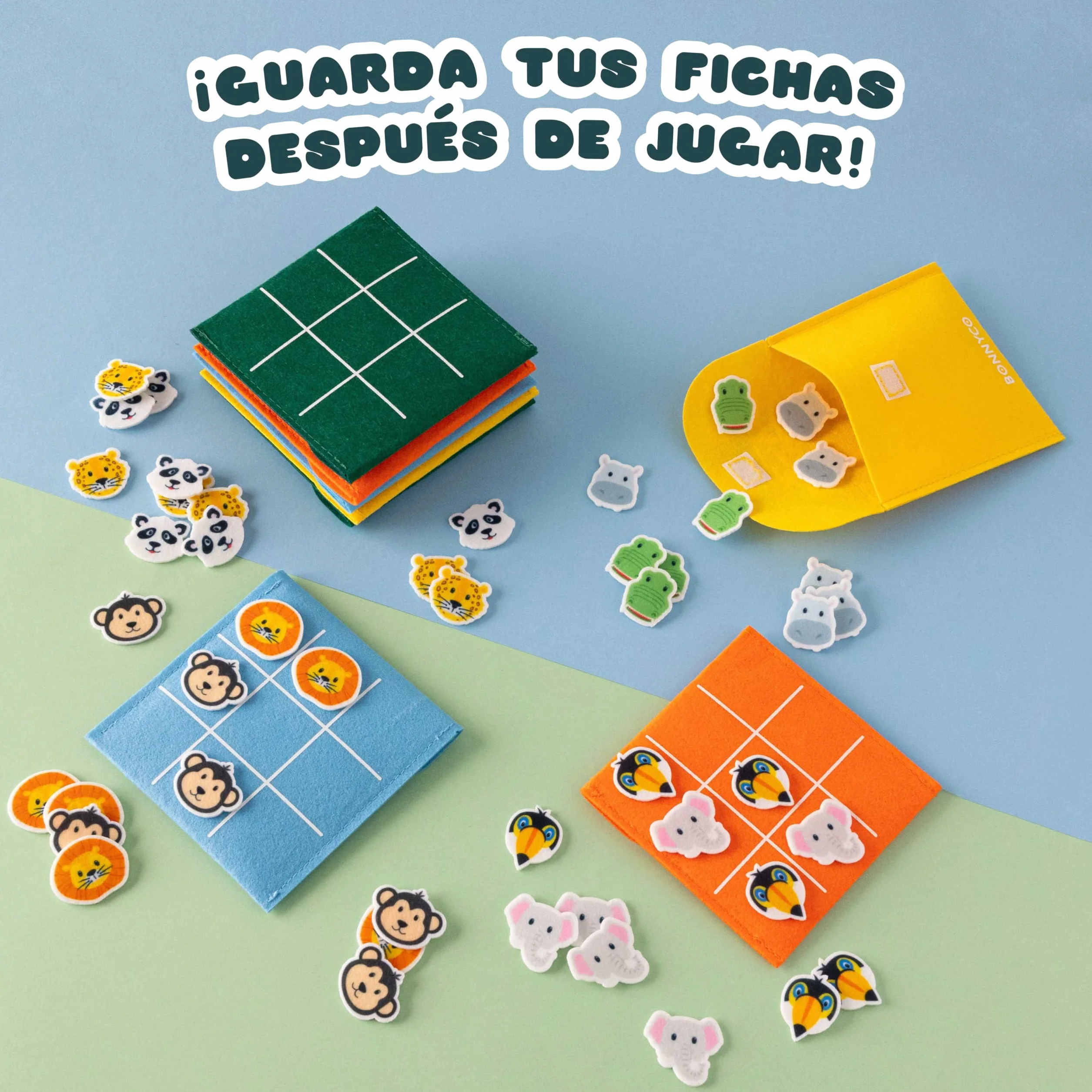 BONNYCO Tres en Raya Niños Animales, Pack 16 Regalos Cumpleaños Colegio, Mini Juegos 3 en Raya