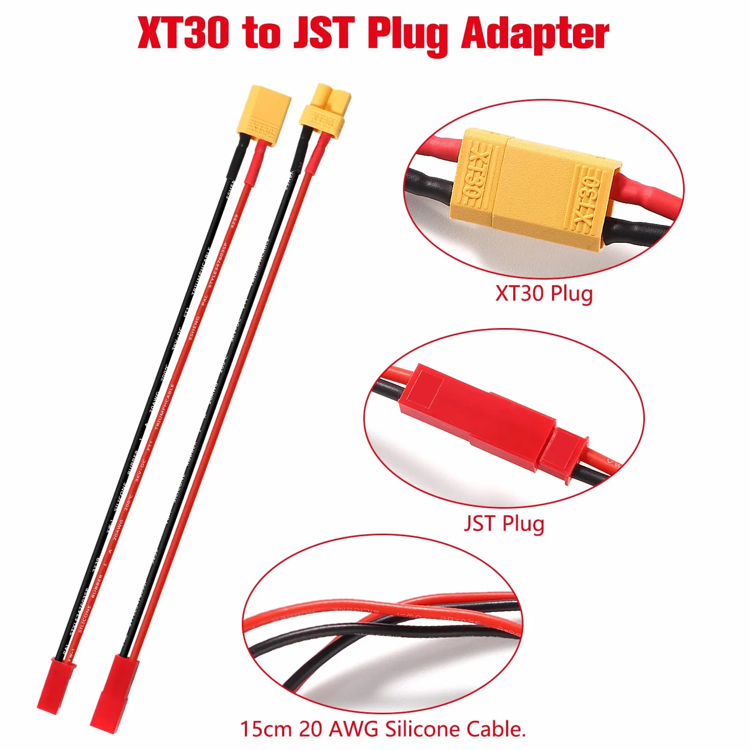 YIXISI 4 Piezas XT30 a JST Cable de Adaptador, JST Conector a XT30 Conector con Cable de Silicona 15cm 20AWG, para Vehículos RC y Baterías Lipo