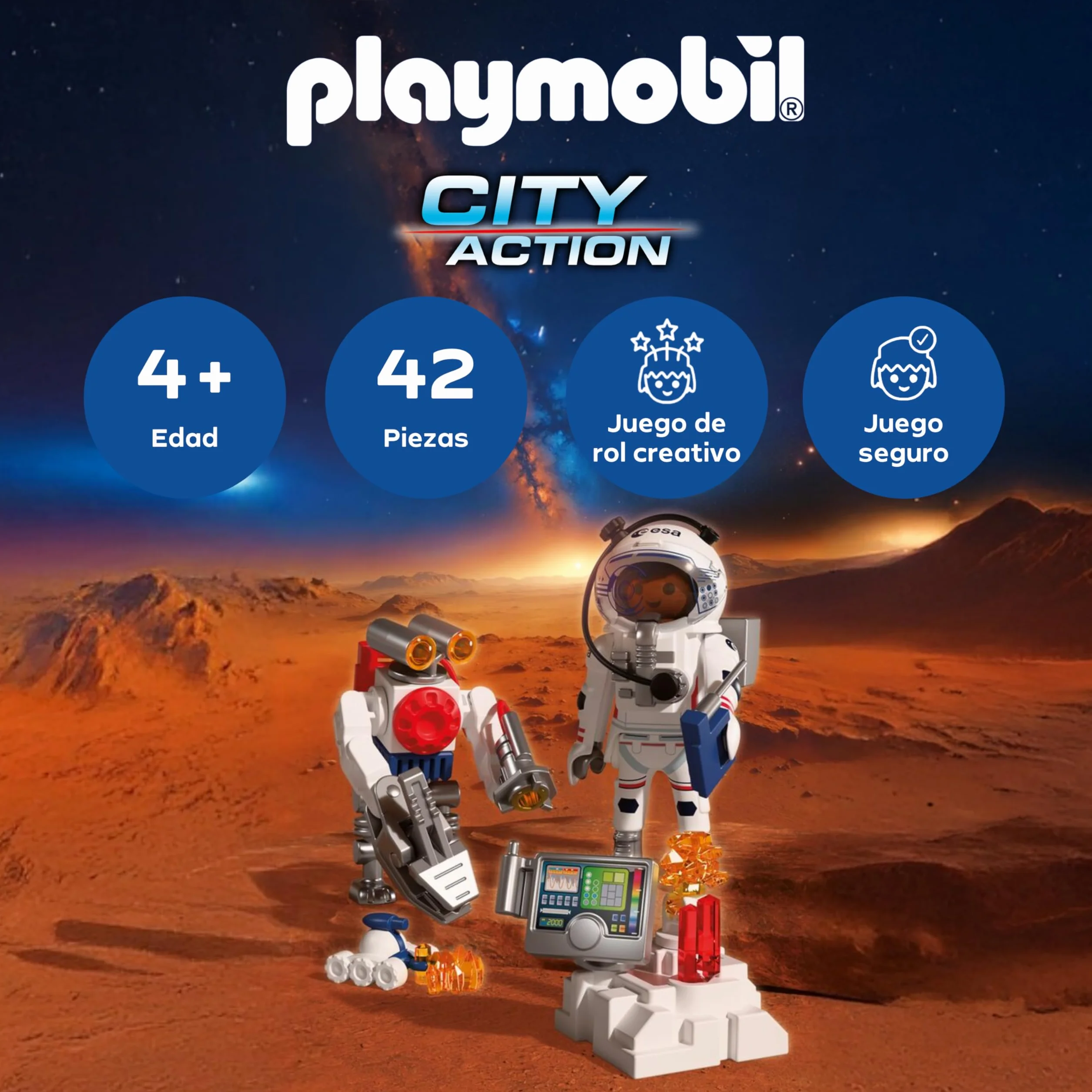 PLAYMOBIL Space Astronauta ESA Robot Vehículo Explorador Marciano Estación Análisis Rocas Investigación Espacial 72014