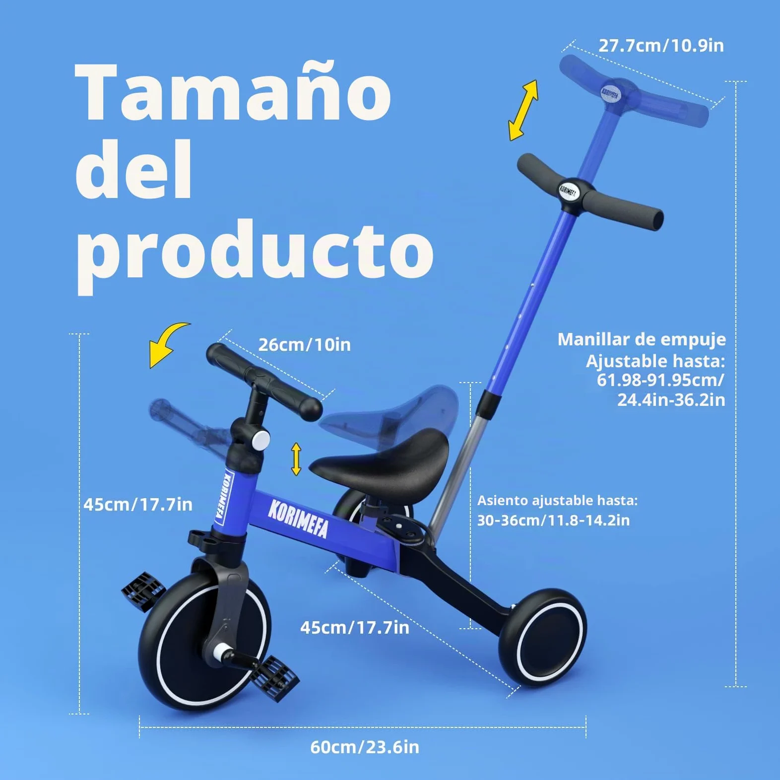 KORIMEFA Triciclos para Niños, 4 en 1 Una Bici Multifunción, Adecuado para niños de 1-3 años,Triciclo,Bicicleta,Carro de Equilibrio,Caminante, Altura del Asiento Regulable (Azul(con Mango))