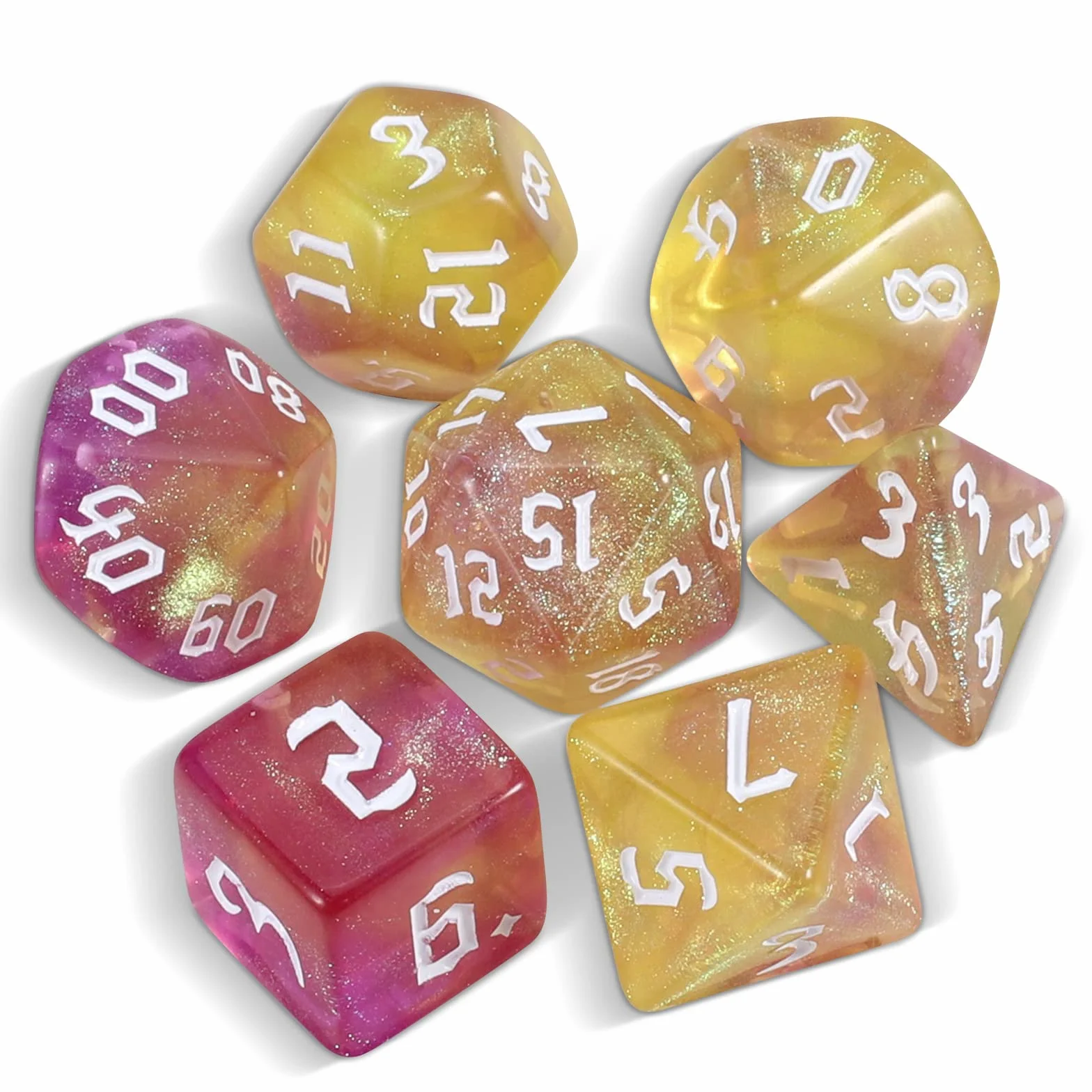 QMAY Juego de dados DND Dados Poliédricos - 7 piezas para Dungeon y Dragons MTG RPG D&D D20, D12, D10, D%, D8, D6, D4 (amarillo mezclado con púrpura + brillo)