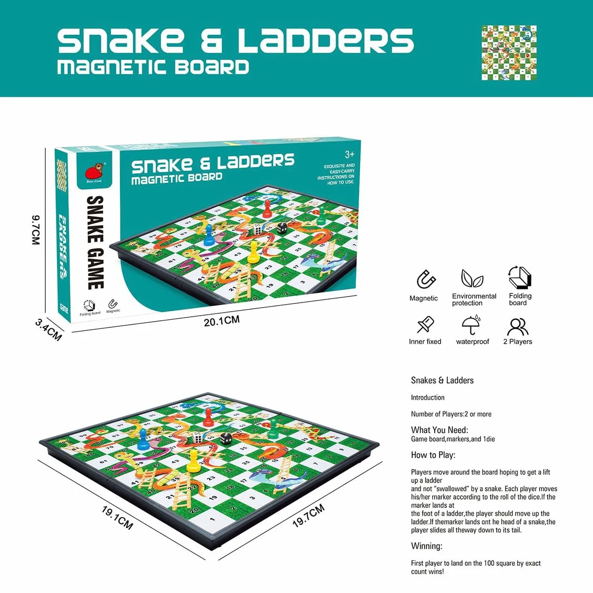 POFET Juego de Mesa Plegable magnético Snakes and Ladders, Juego de diversión Familiar