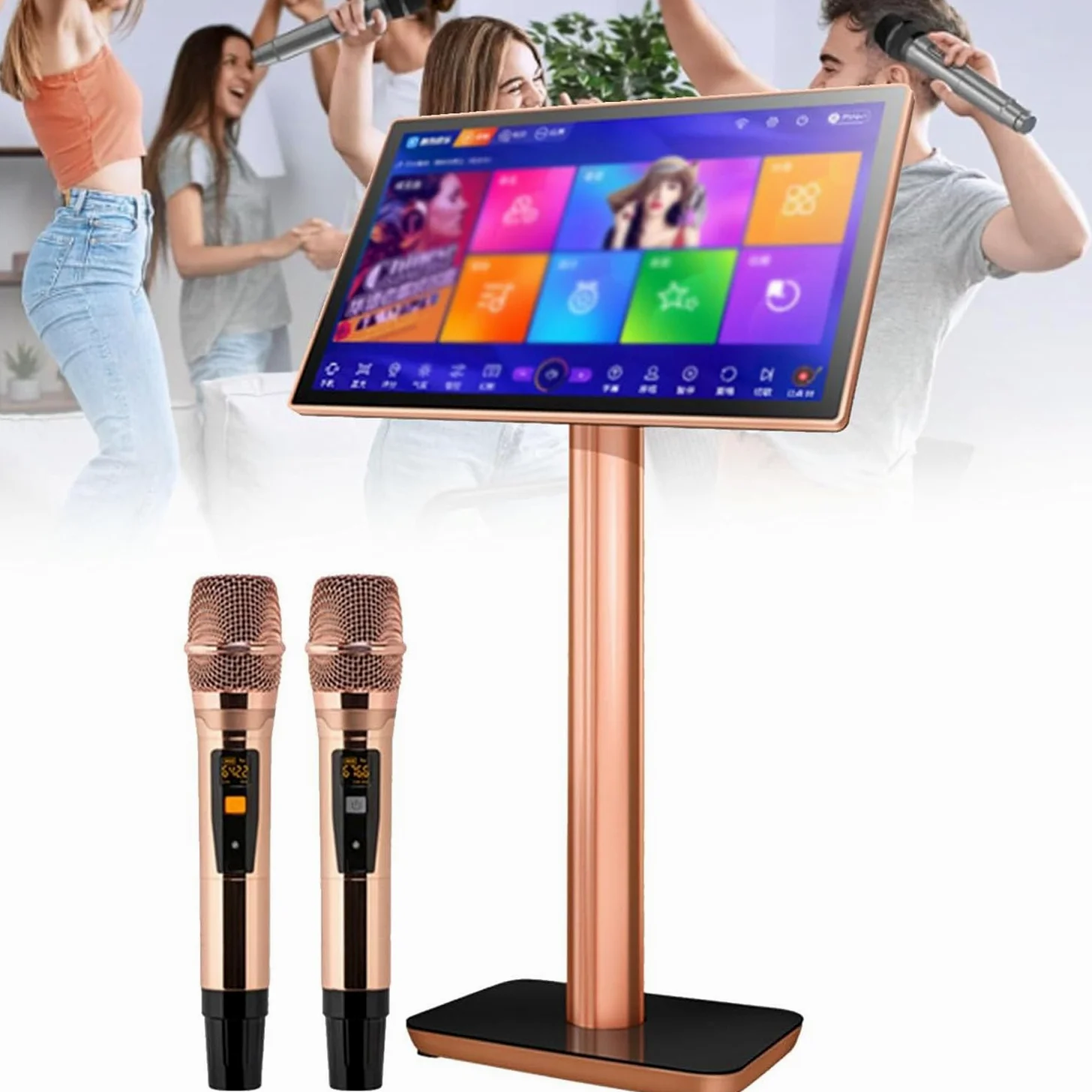 Máquina de karaoke con micrófono inalámbrico, 27 idiomas conmutables, selección inteligente de canciones, amplificador de potencia, control de aplicación para el hogar y el bar,