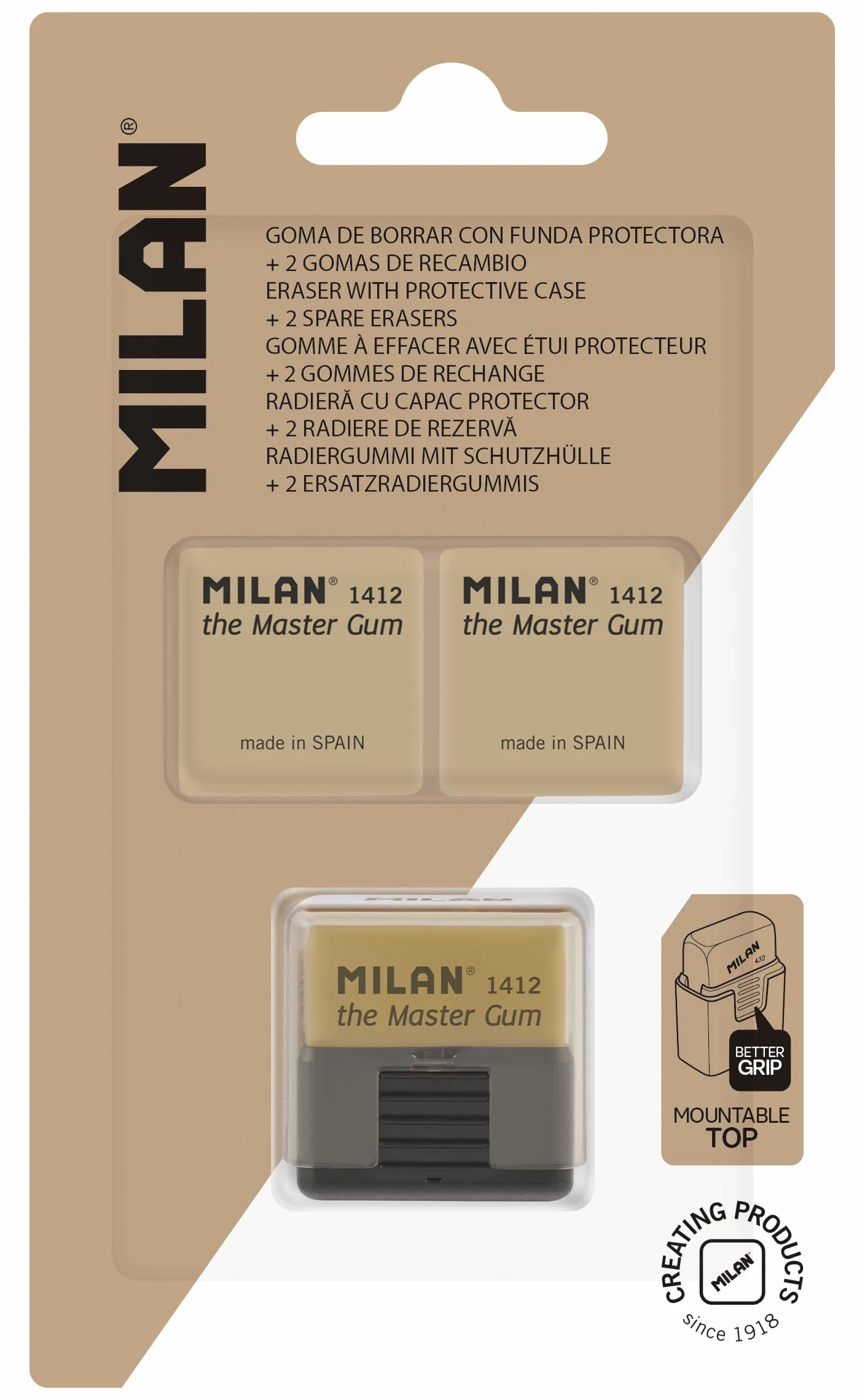 MILAN® Blíster goma MASTER GUM (especial para bellas artes) con funda rígida +2 gomas de recambio