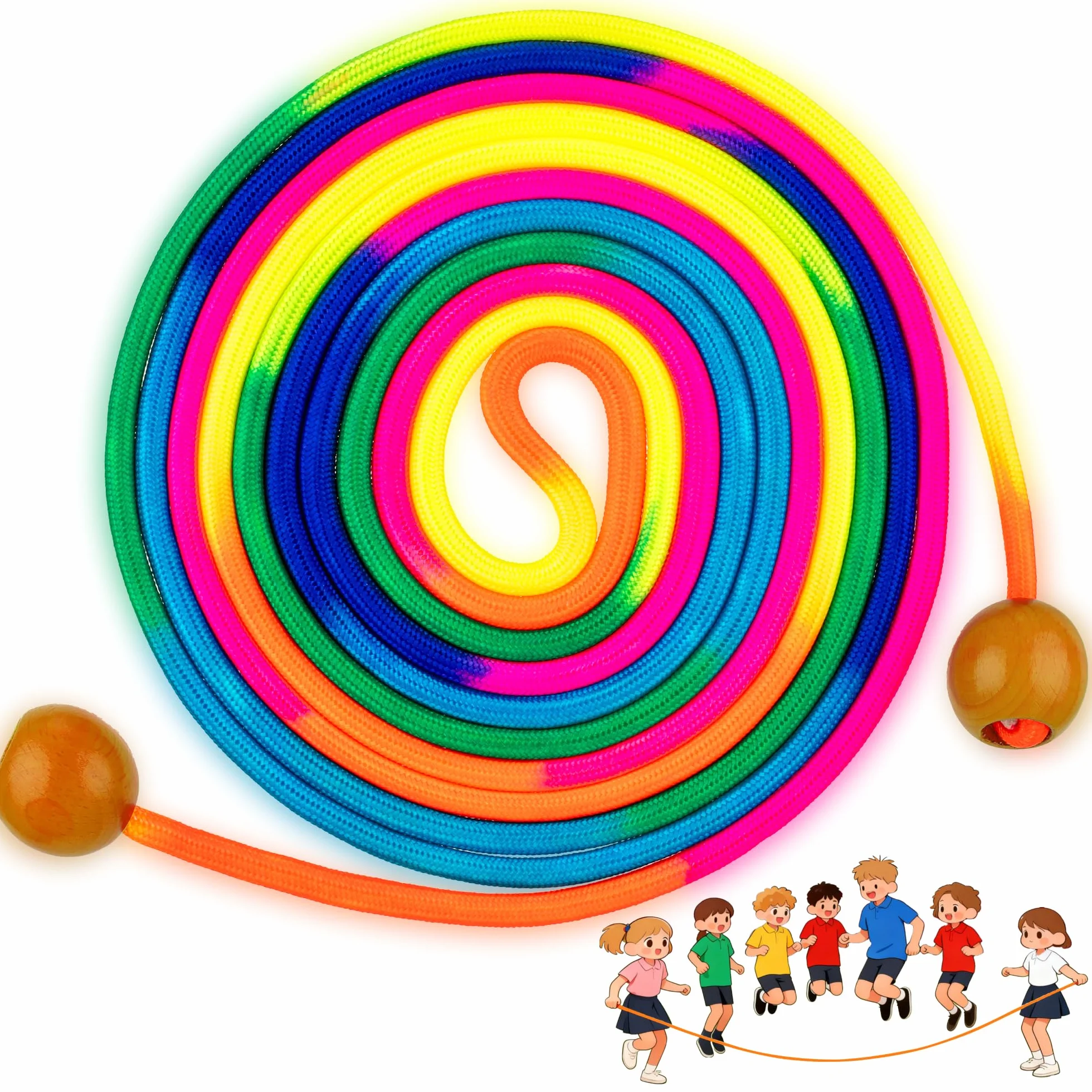 Cuerda de Saltar Niños 5m – Cuerda Larga Multijugador Arcoíris con Mangos de Madera para Niñas y Niños 6-10 Años
