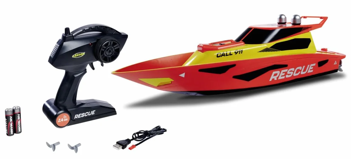 Carson 500108058 RC Rescue 2.4G 100% RTR - Barco teledirigido, Barco RC, Juguete teledirigido para niños y Adultos, Incluye Mando a Distancia