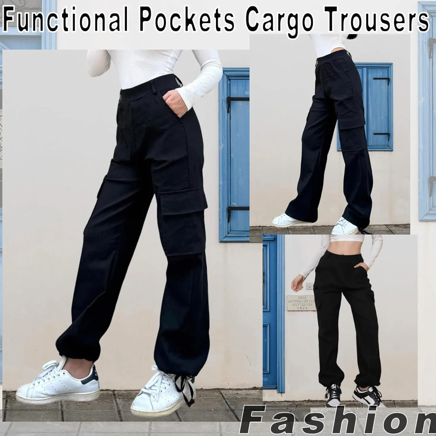Pantalones Cargo Mujer Cintura Alta Puños Ajustables 4 Bolsillos Elasticos Y2K Punk