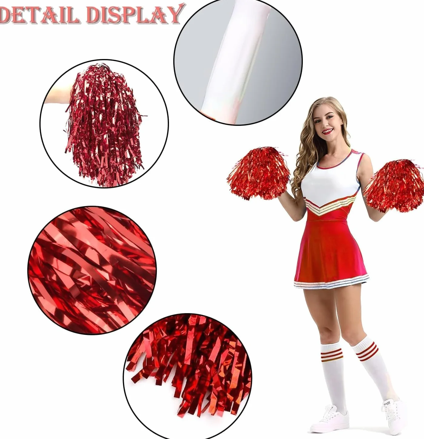 Pompones de animadora de lámina con asa para juegos de pelota, baile, fiesta (rojo)
