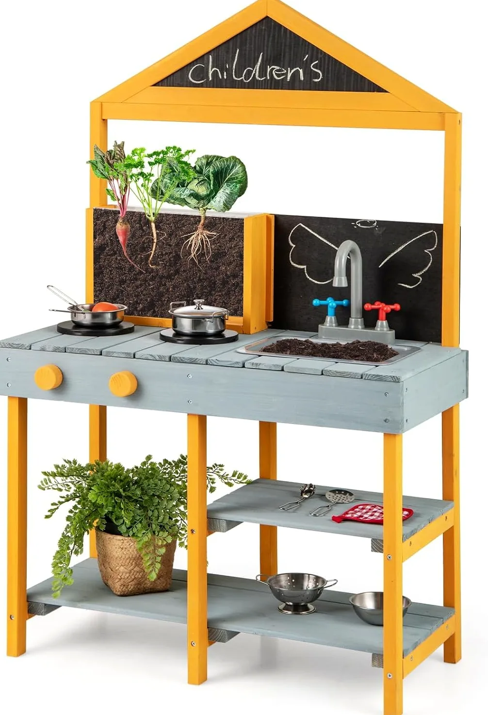 FANTASK Cocina de Barro para niños al Aire Libre, Cocina Infantil de Abeto con macetero, 2 pizarras de Tiza, Grifo y Lavabo (Azul)