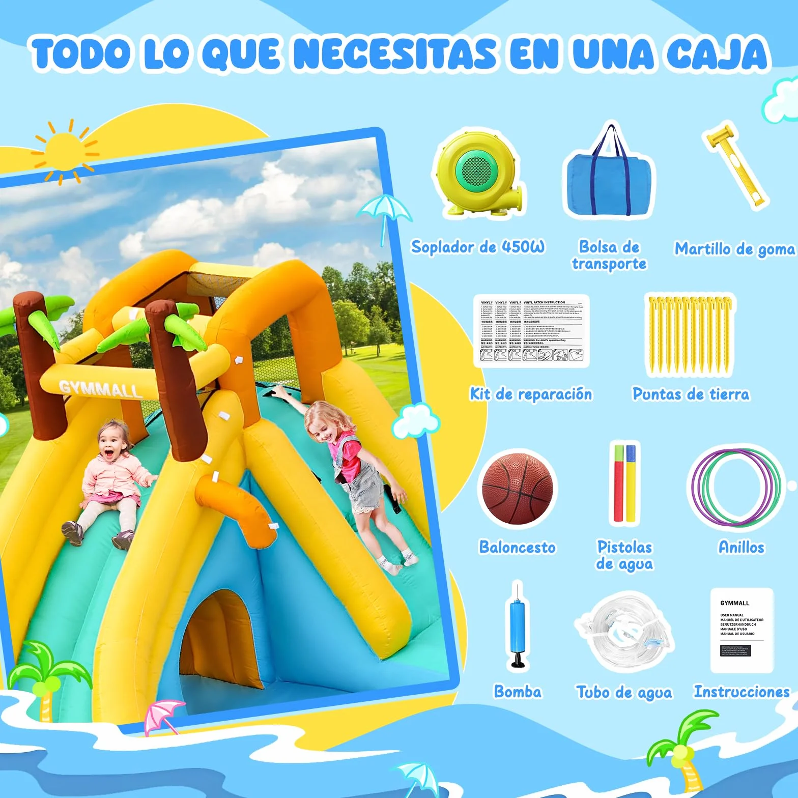 Tobogán Inflable de Agua con Ventilador 450W - Castillo Hinchable 10-en-1 para Niños en Interior y Exterior con Piscina, Aspersores y Tobogán Largo