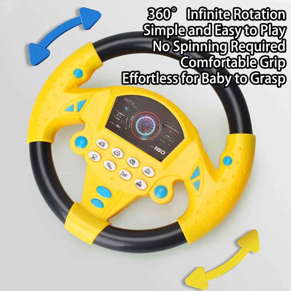 360° Rotating Musical Steering Wheel - Portable Car Back Seat Driving Simulation Toy, Fun Tunes & Realistic Driving Sounds, Travel Activity for On-Road Entertainment During Trips (Yellow)