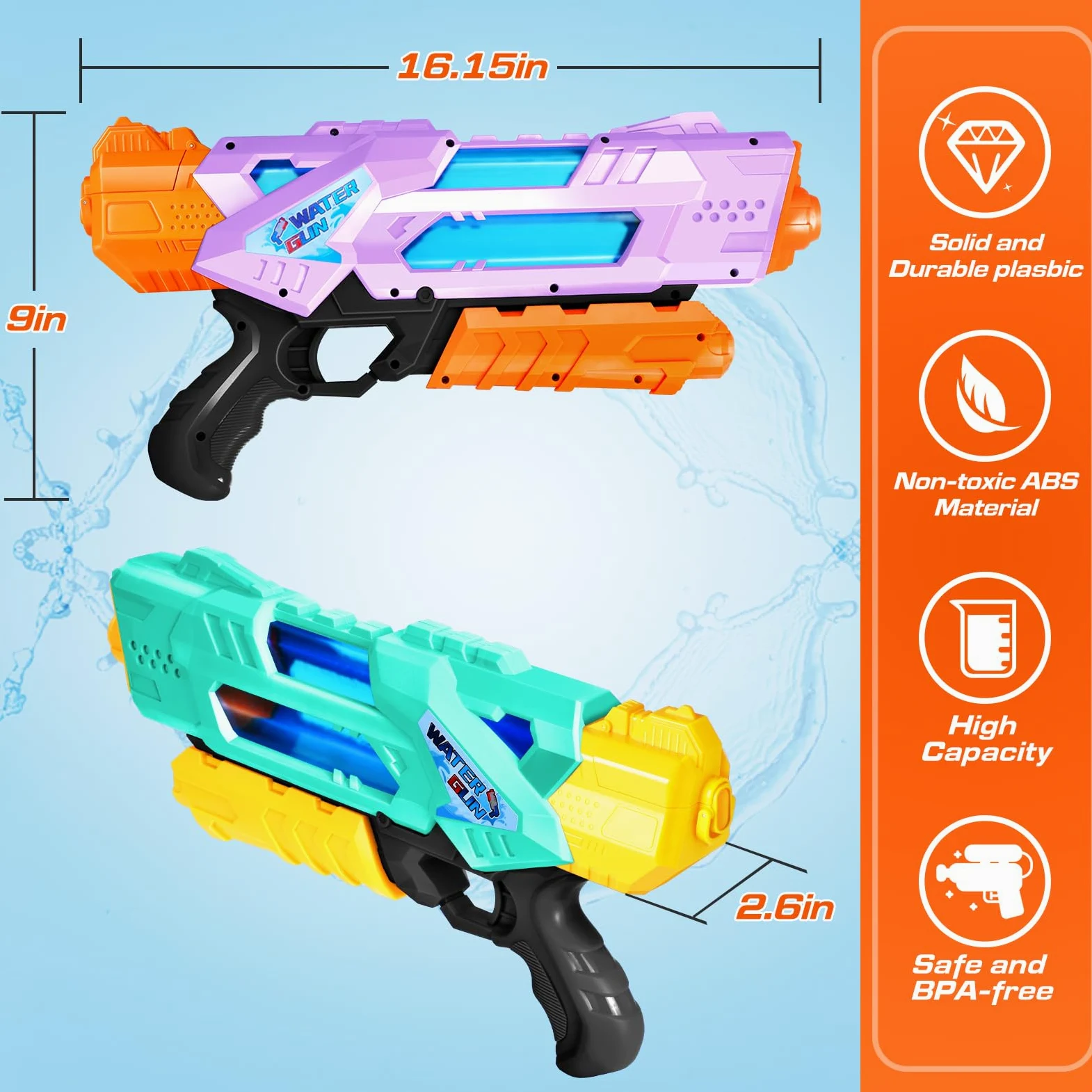 Quanquer 1200 ml super pistola de agua para adultos y niños – Paquete de 2 pistolas de agua con alcance de 10 m – Idea de regalo para batallas de agua veraniegas en el jardín, la piscina y el jardín