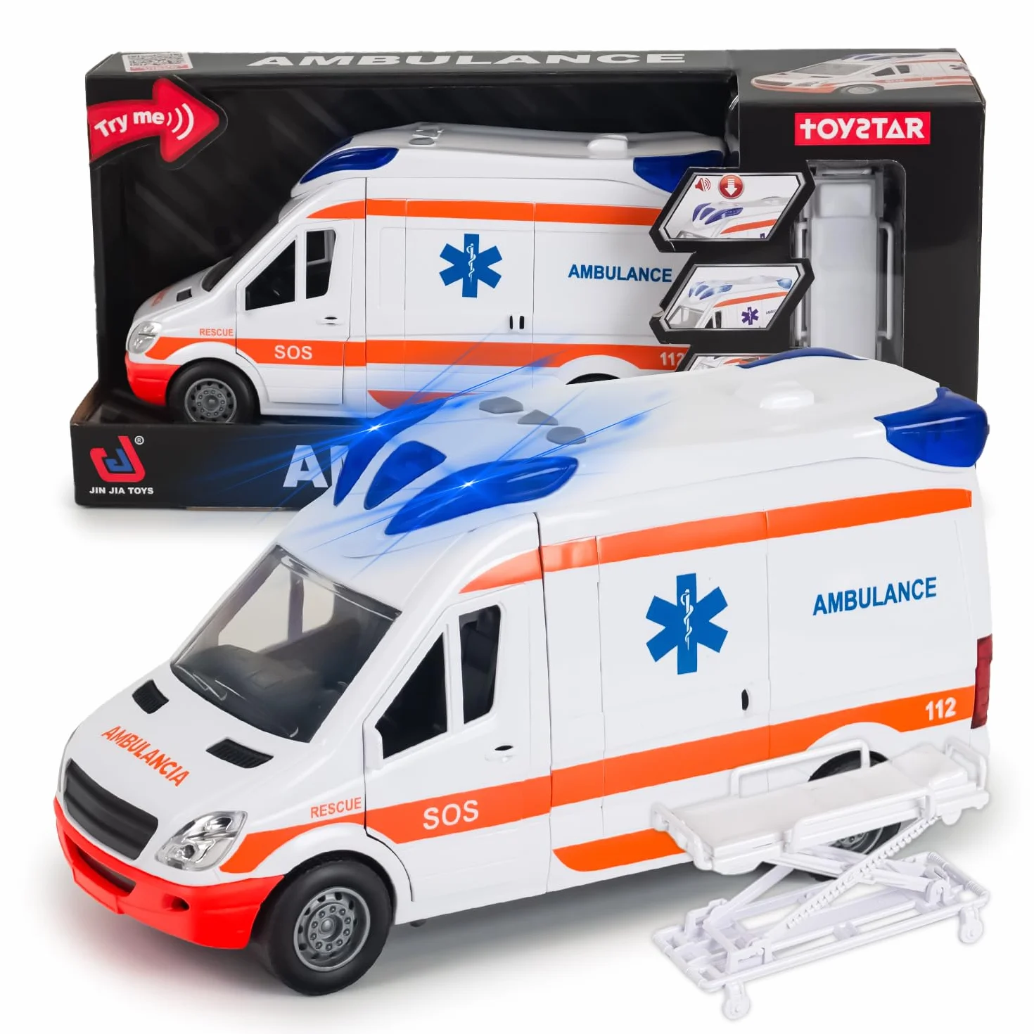 CELMAN Coche de Juguete médico Responder, camioneta de Rescate con Camilla, portón Trasero para Abrir, luz y Sonido, Gran Coche de Juguete Ambulancia para niños a Partir de 3, 4, 5, 6, 7, 8 años
