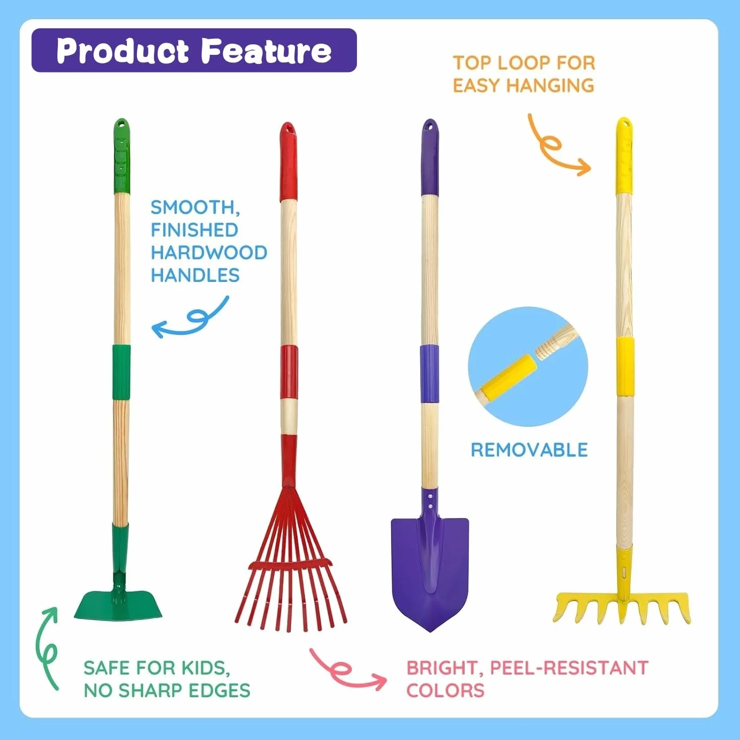 LATERN Juego de Herramientas de Jardinería para Niños, 70CM Carretilla con 70CM Metálica Pala Rastrillo Azada Hojas Rastrillo 20CM Pala Rastrillo Guantes para Exteriores Jardín Patio Césped Excavación
