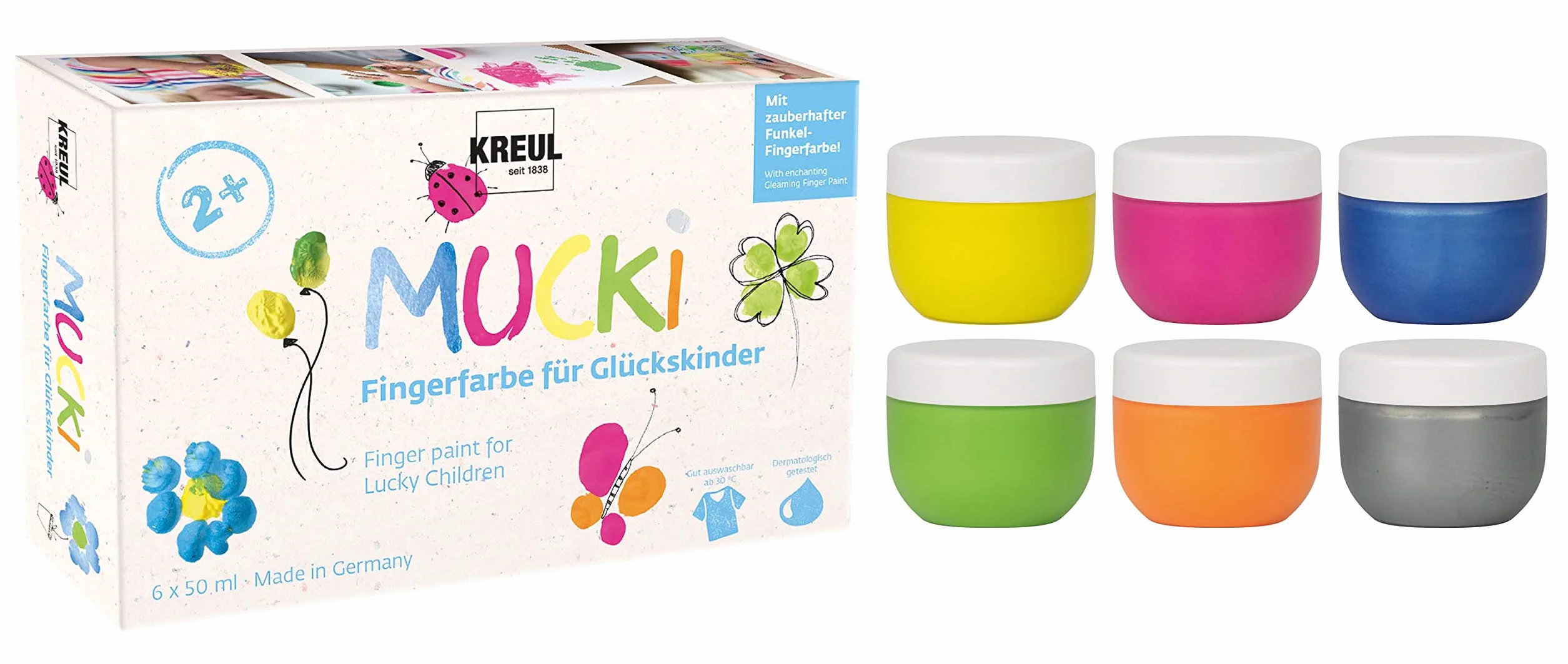 KREUL 23050 - Pintura de dedos Mucki para niños afortunados, 6 x 50 ml en amarillo, rosa, azul diamante, verde, naranja, plata dragón, sin parabenos, sin gluten, sin lactosa, vegano, lavable