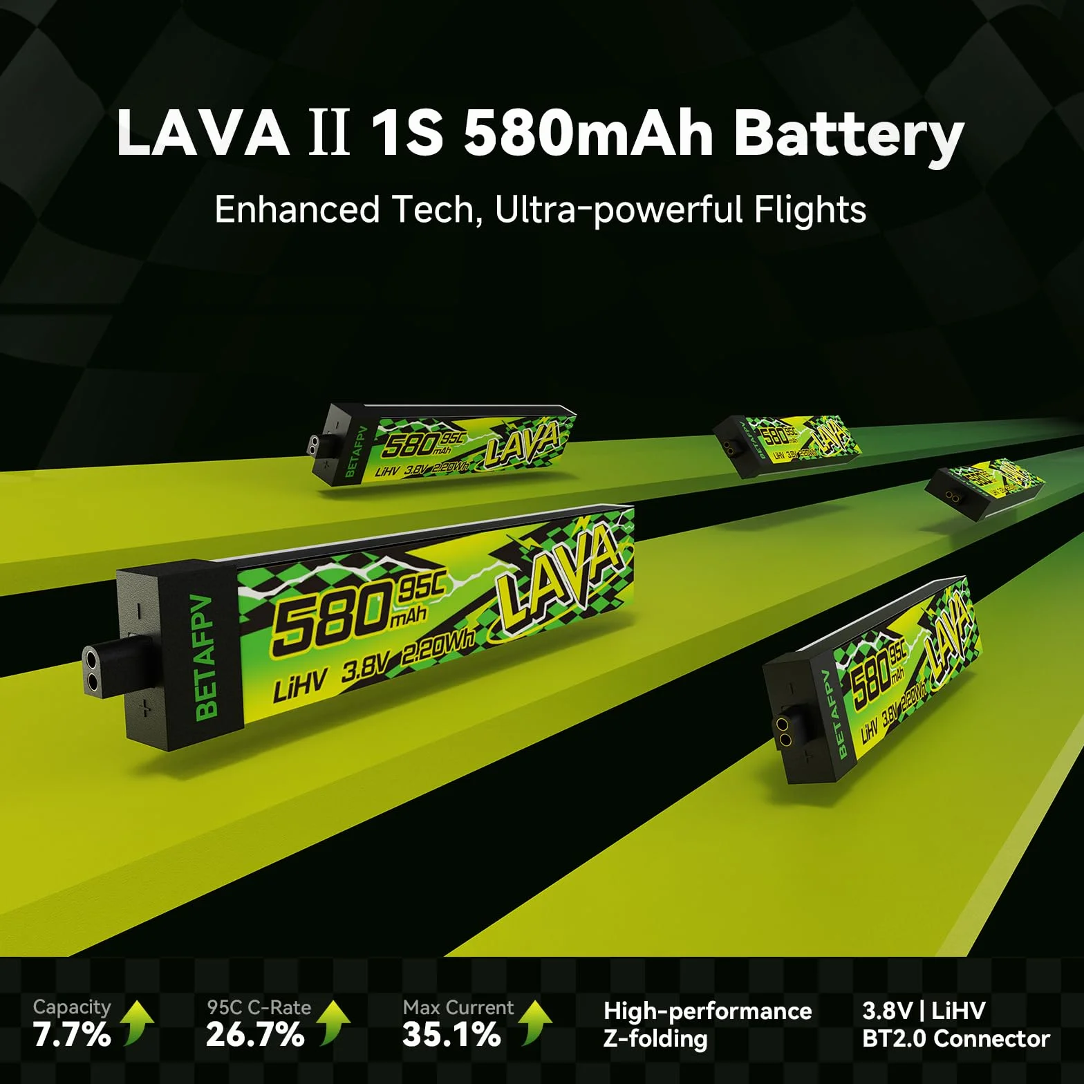 BETAFPV 4pcs Lava II 1S 580mAh Battery 3.8V 95C LiHV Battery with BT2.0 Connector Compatible with 1-2S Tiny Whoop Drone Quadcopter Like Air75, Meteor75 Pro, Cetus Pro, Cetus X Brushless Drones
