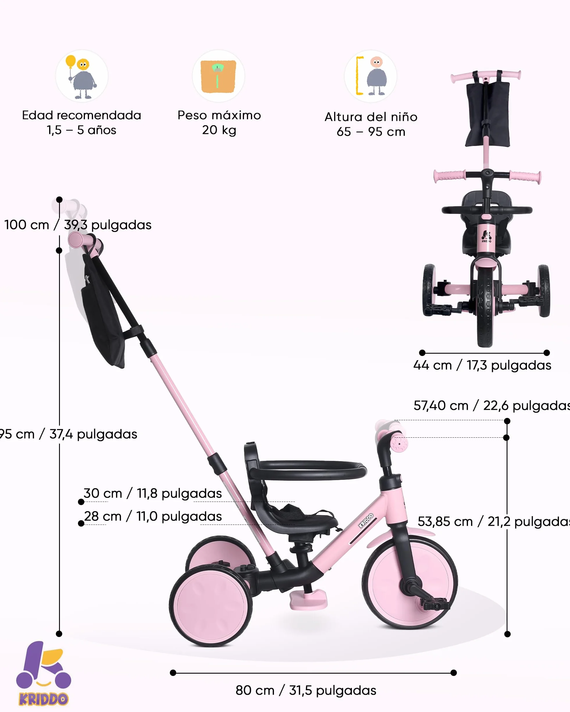KRIDDO Triciclo Evolutivo 7 en 1 para Niños de 18 Meses a 5 Años – con Barra de Empuje, Triciclo y Bicicleta con o sin Pedales, Arnés de 3 Puntos, Bolsa de Almacenamiento, Rosa