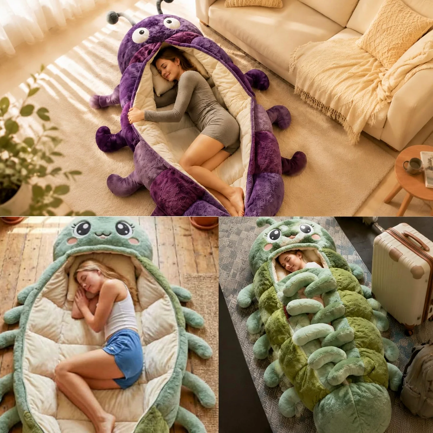 Caterpillar - Saco de dormir de felpa súper suave, forma de capullo de una pieza, plegable, portátil para casa, viajes, camping, bonito diseño de animales (90 pulgadas de longitud)