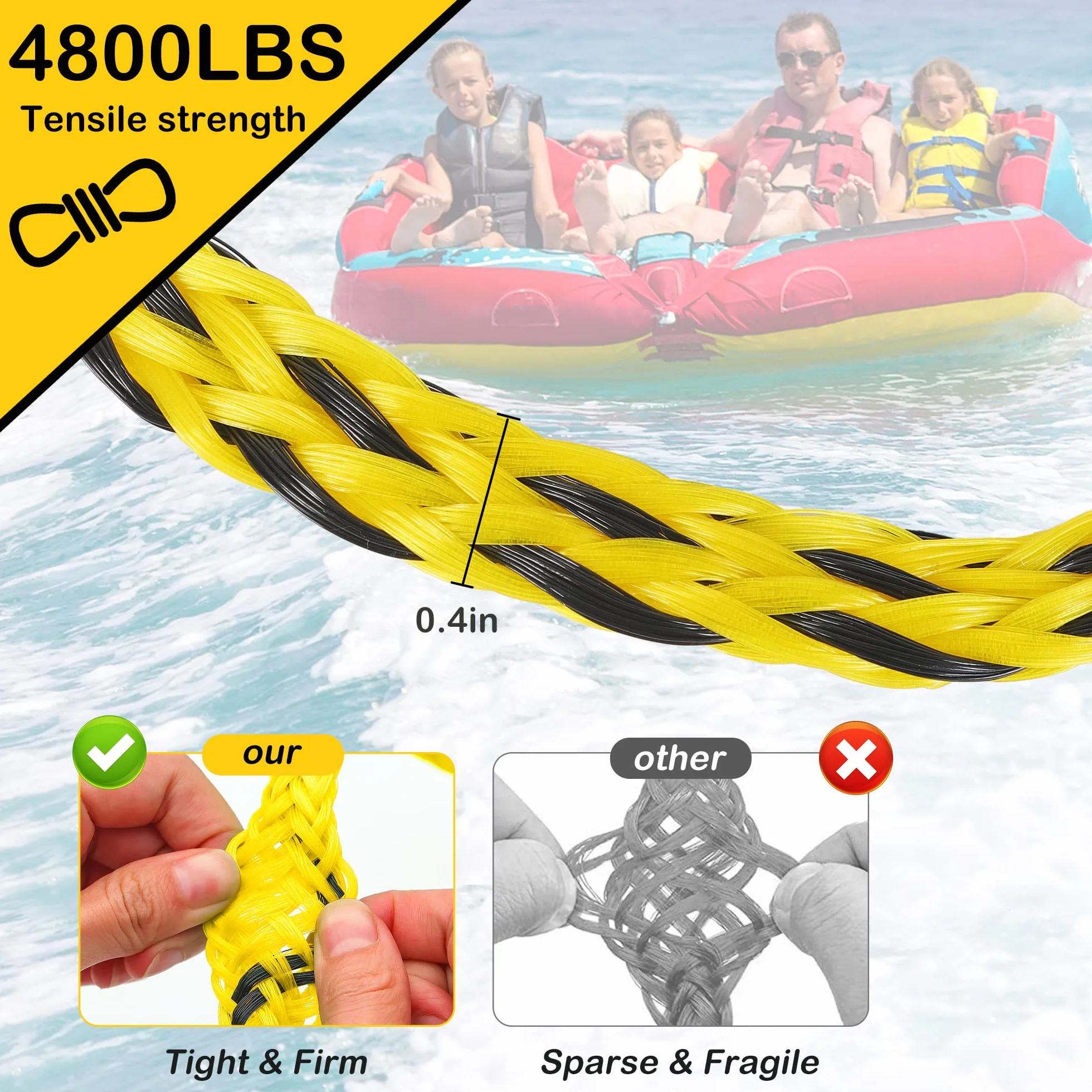 Arnés de tracción para Barco Cyberoctopus para tubing, 5000lbs, polea giratoria 360°, flotante, ganchos acero inoxidable 304, 17ft y 24ft
