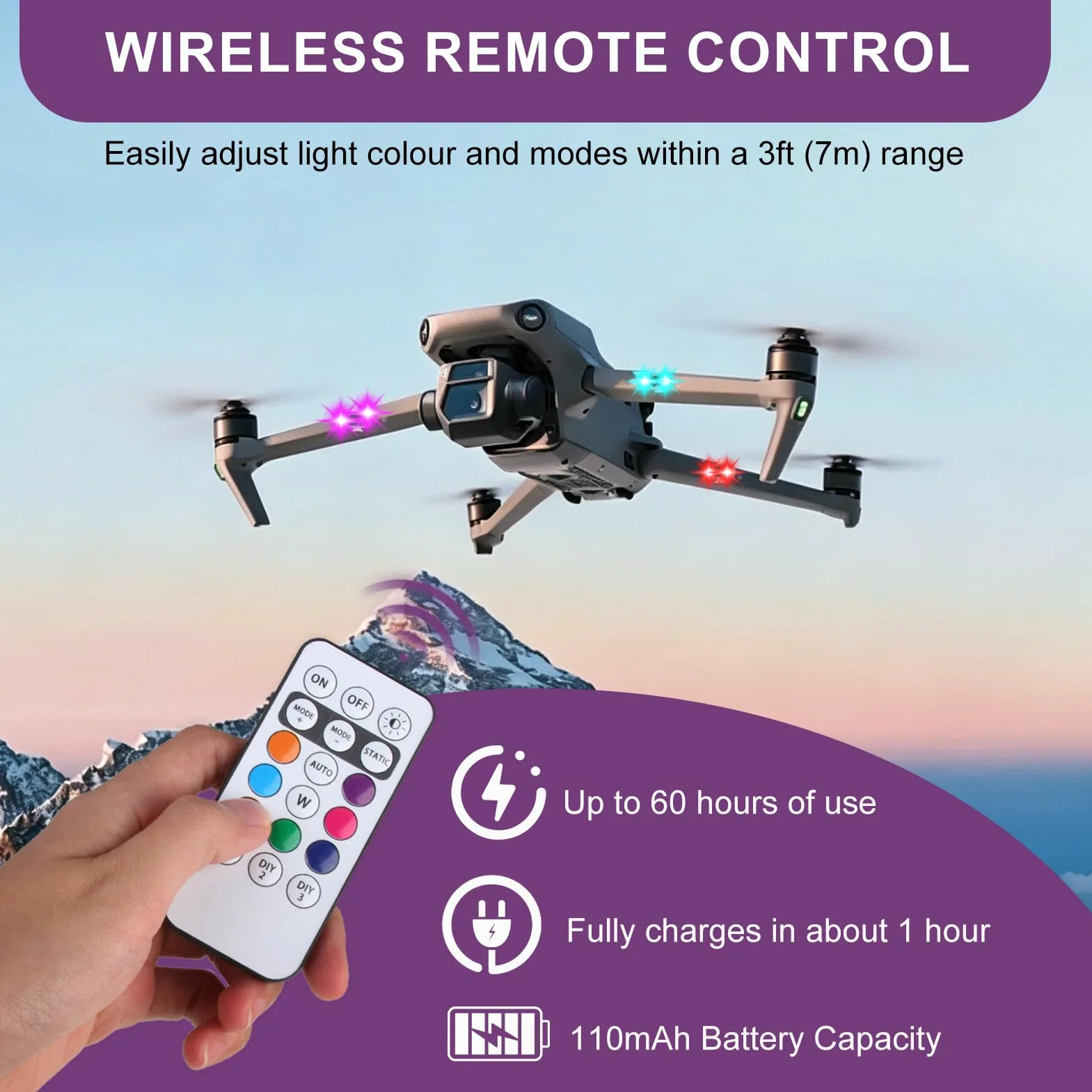 4 Pièces Luces Estroboscópicas LED Inalámbricas para Dron Coche Moto, LED Estroboscópico Luz Interior Coche con Mando a Distancia, 8 Colores y Modos de Flash, Carga USB Impermeable Anticolisión