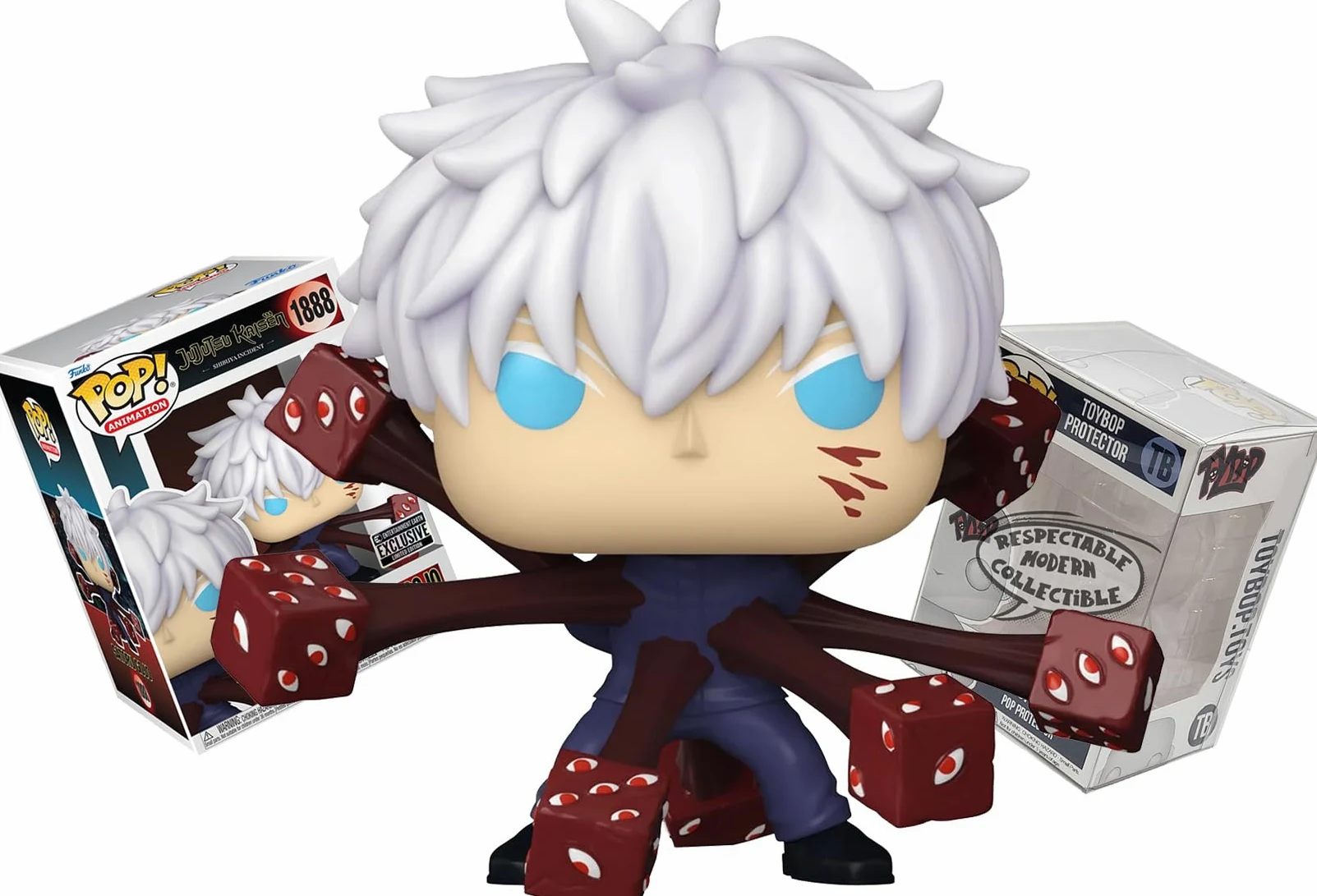 Funko Jujutsu Kaisen Premium - Figura de vinilo de animación de Satoru Gojo Trapped EE Exclusive + Pop Protector: Shibuya Incident Pop! (incluye caja protectora de la marca ToyBop)