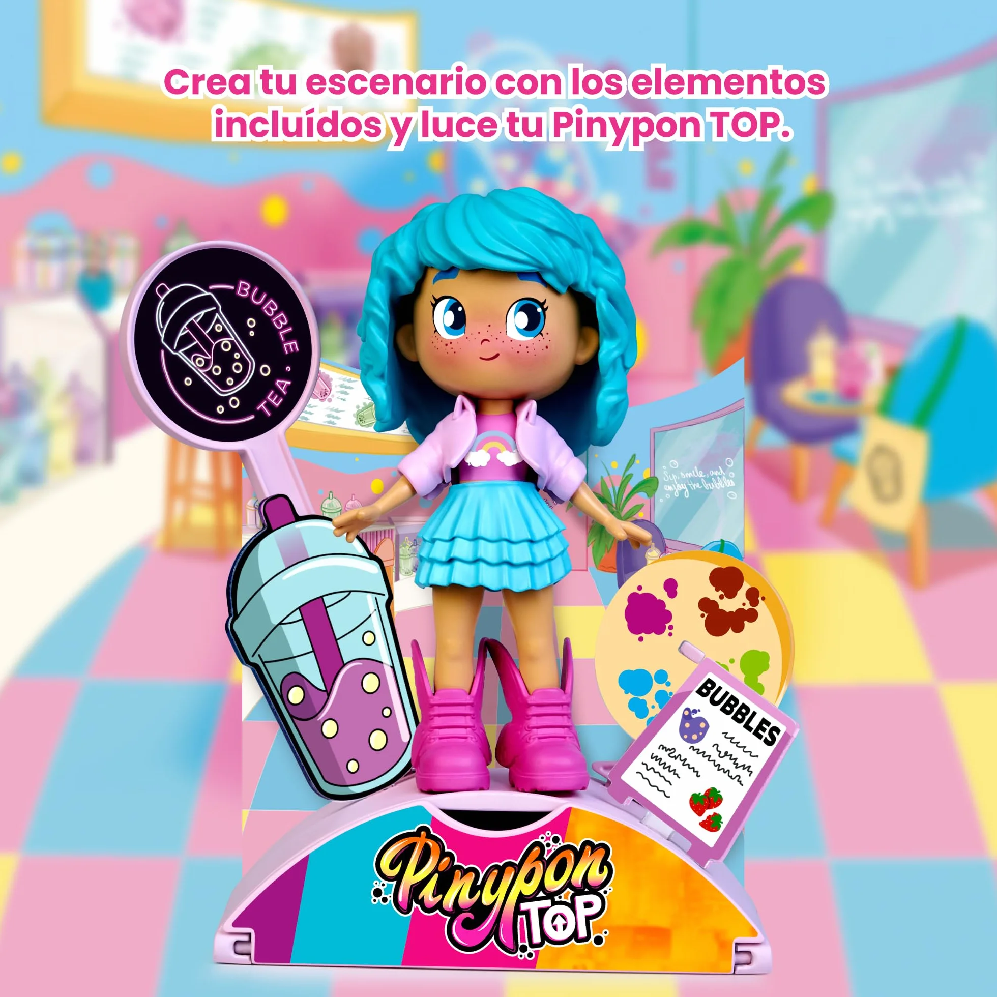 Pinypon TOP Bubble Tea Girl, Chica TOP con Temática Té de Burbujas, Figura Articulada de Brazos y Piernas, Doble Cara y Ropa y Zapatos Intercambiables, Sobre con Accesorios, +4 años, Famosa (PNN01300)
