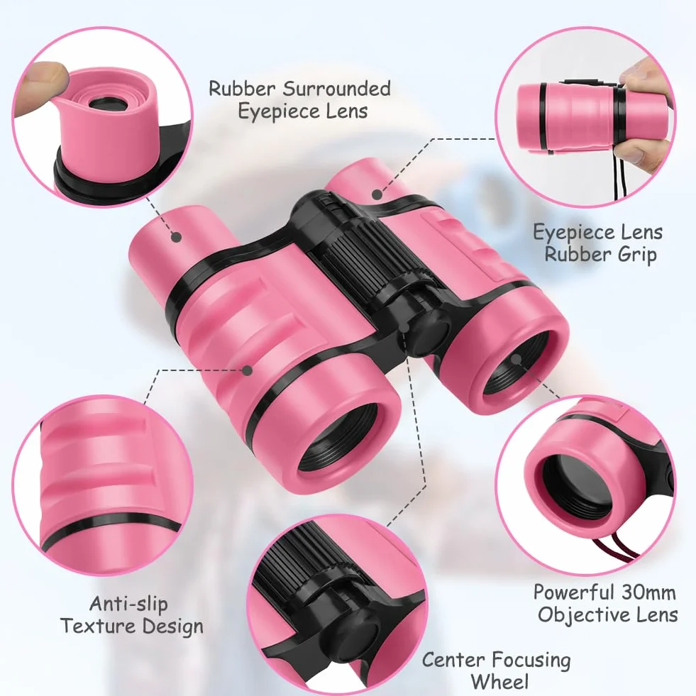 OSDUE Binoculares para Niños, Binoculares para Observar Aves Al Aire Libre para Niños, Mini Compactos a Prueba de Golpes, Juguetes Telescópicos con Tela para Anteojos (Rosa)