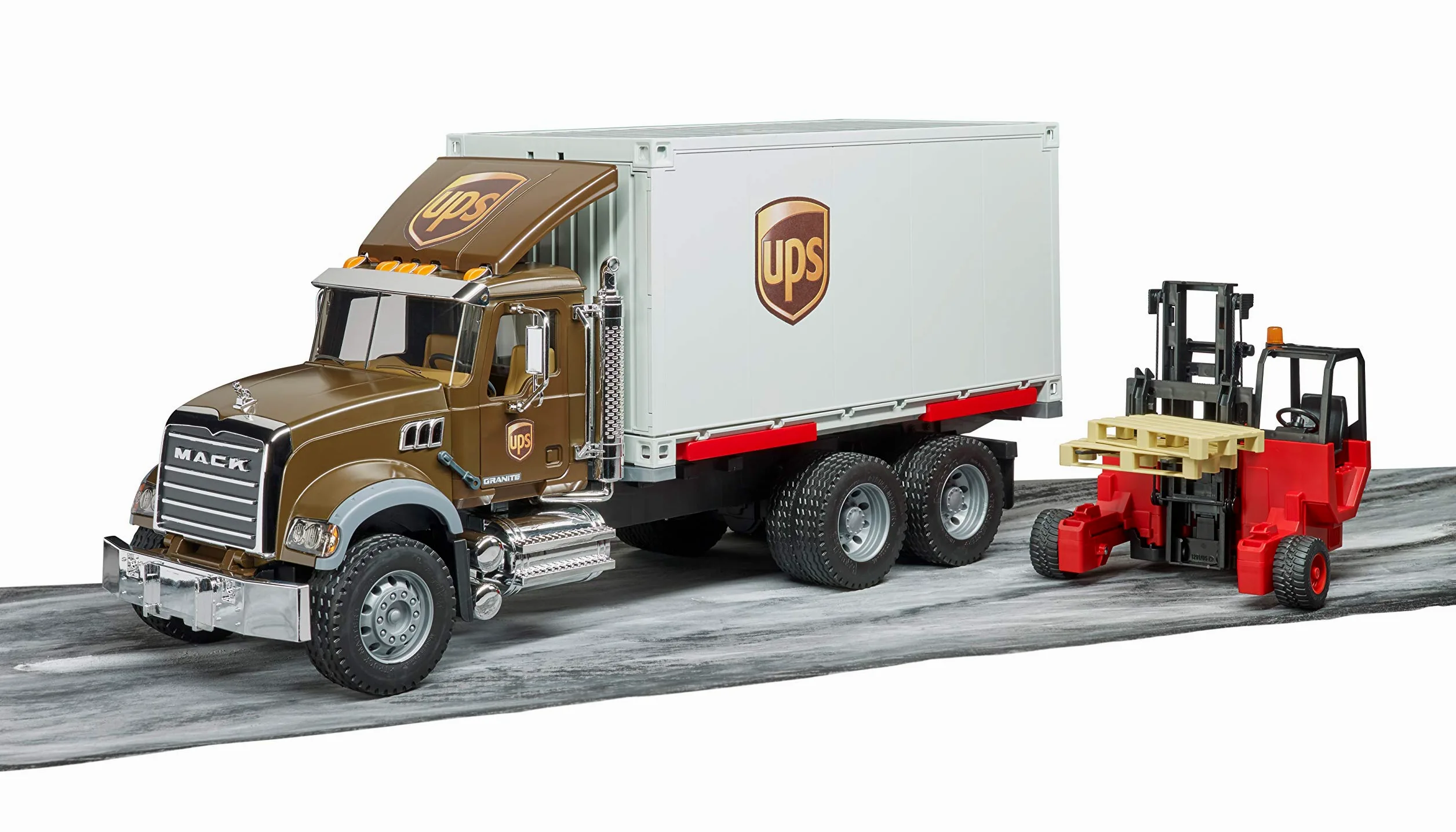 bruder 02828 - Mack Granito UPS Logística Camión Incluido Carretilla Elevadora | Vehículo de logística con carretilla elevadora, servicio de paquetería, envíos, juguete a partir de 4 años, 1:16