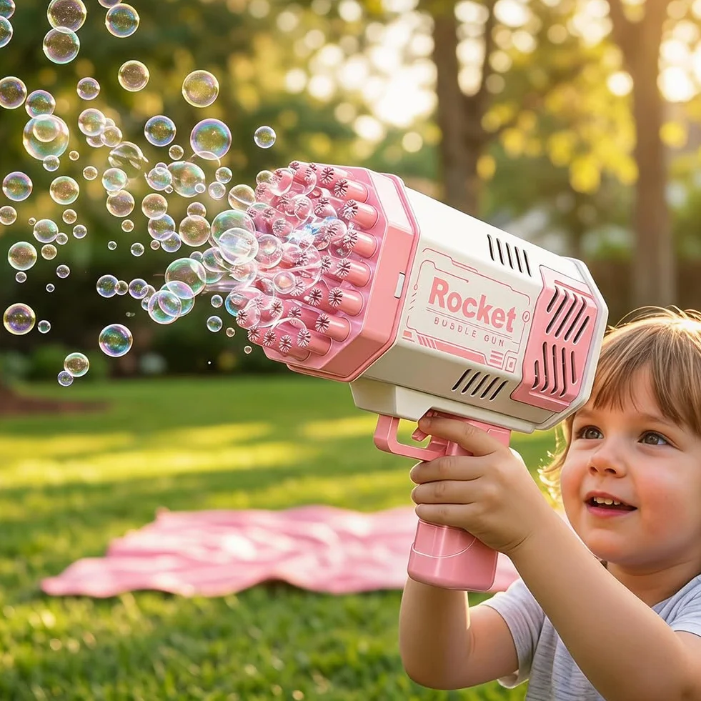 Pistola de Burbujas, Cartoon Pistola de Burbujas para Niños, Juguete de Verano, Actividad al Aire Libre, Regalo de cumpleaños, Rosa