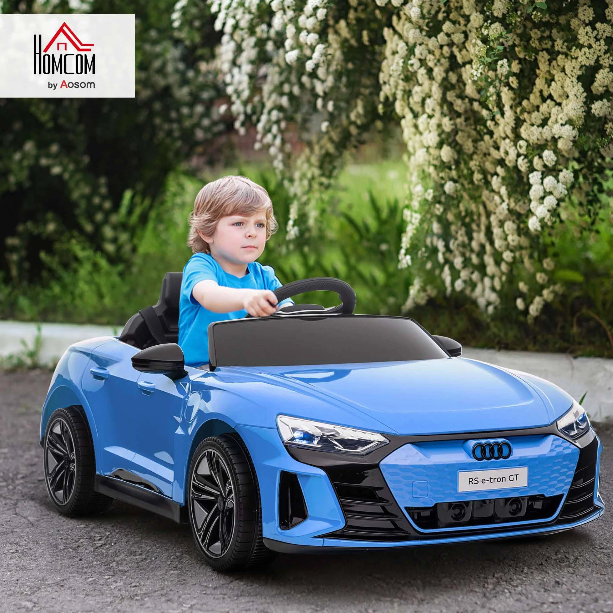 HOMCOM Coche Eléctrico para Niños de +3 Años Audi RS e-Tron GT Coche de Batería 12V con Mando a Distancia Faros LED Bocina Música USB y Apertura de Puerta 3-5 km/h Azul