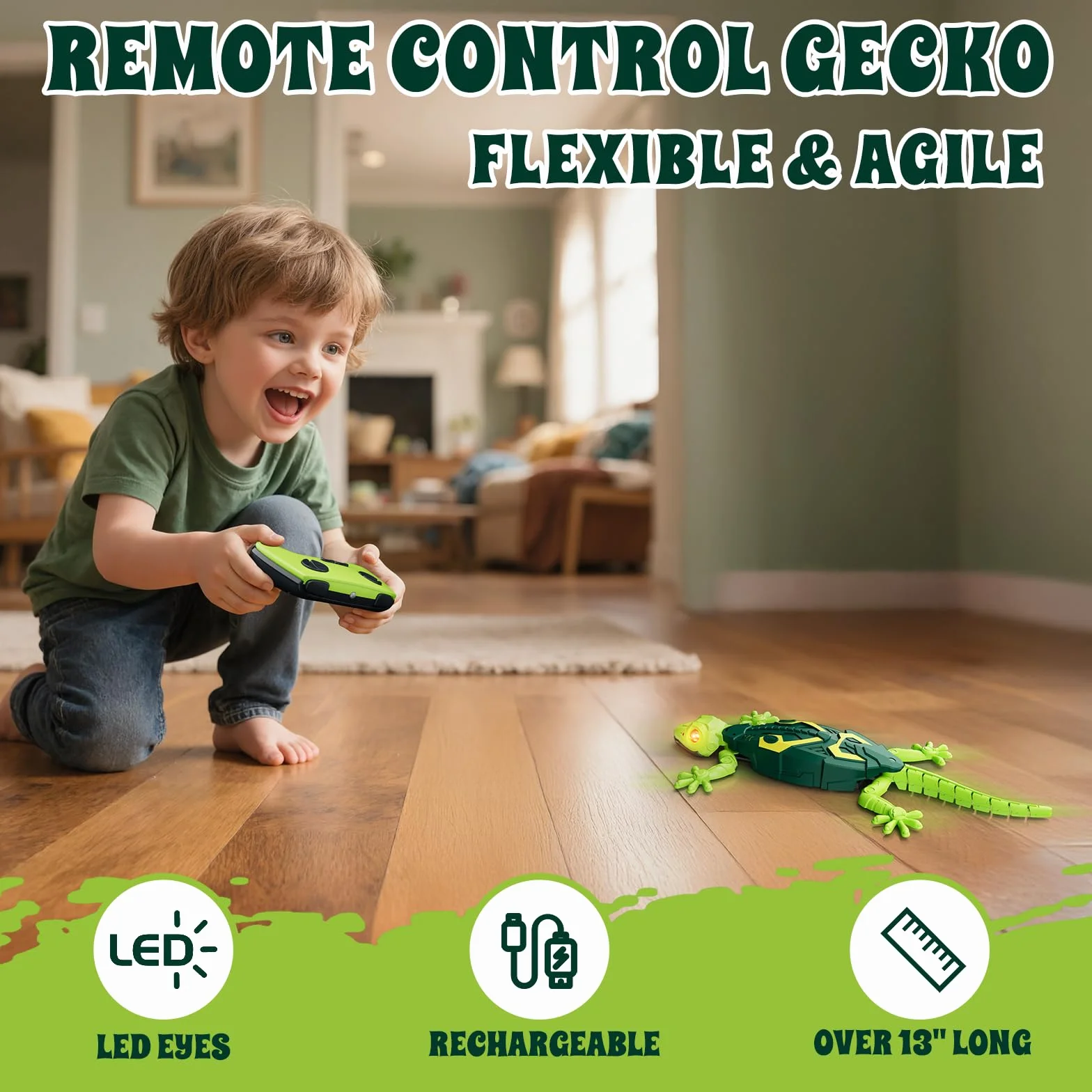 HYES Wall Crawler Gecko, Robot Lagarto Realista con Ojos Luminosos, Juguete Control Remoto para Niños 3-8 Años
