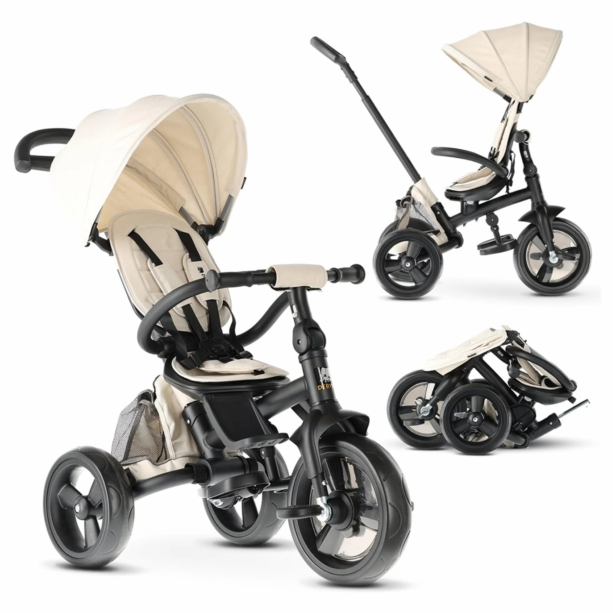 Deryan Explorer Triciclo 9 Meses a 25 kg - Evolutivo, Bicicleta Sin Pedales, Bicicleta Bebe, Plegable, para Niños, Asiento Reversible, Capota con protección Solar, Cesta, Arnés de 5 Puntos - Crema