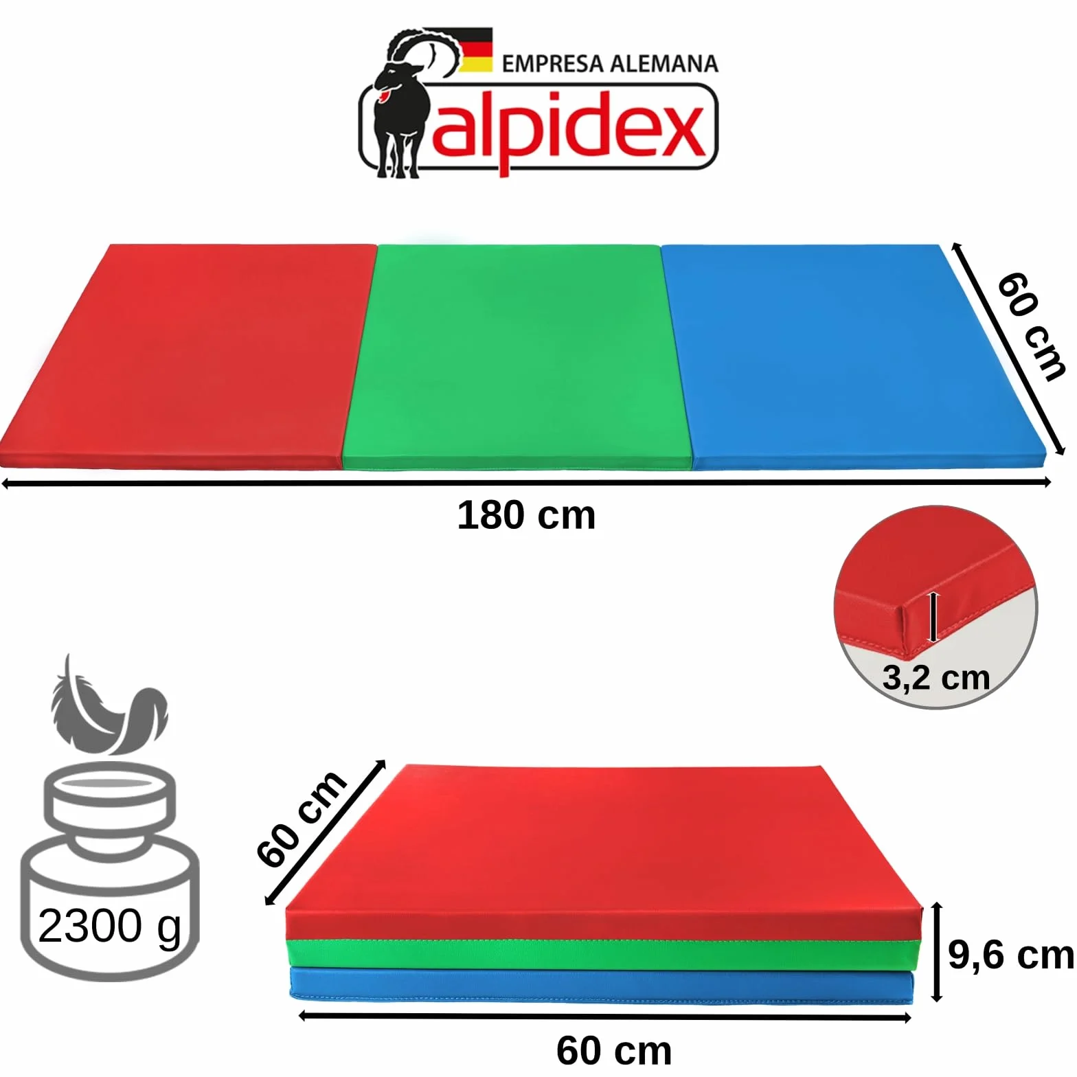 ALPIDEX Esterilla de gimnasia 180 x 60 x 3,2 cm plegable suelo deportiva hogar