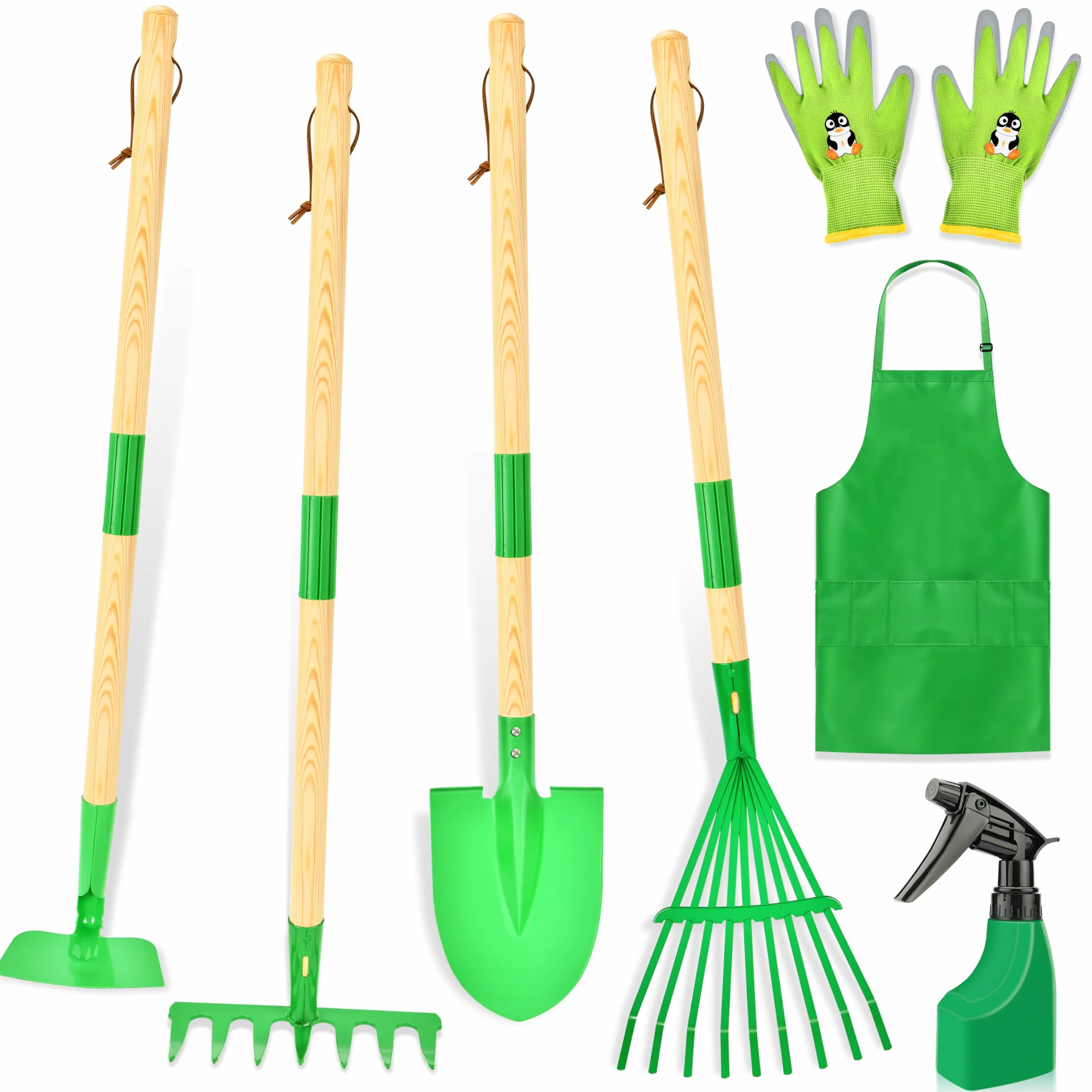 IEEILULU Juego de herramientas de jardín para niños, herramientas de jardín para niños, de madera, 7 piezas, juguete de jardín extraíble con delantal regadera, juguete de jardín al aire libre para