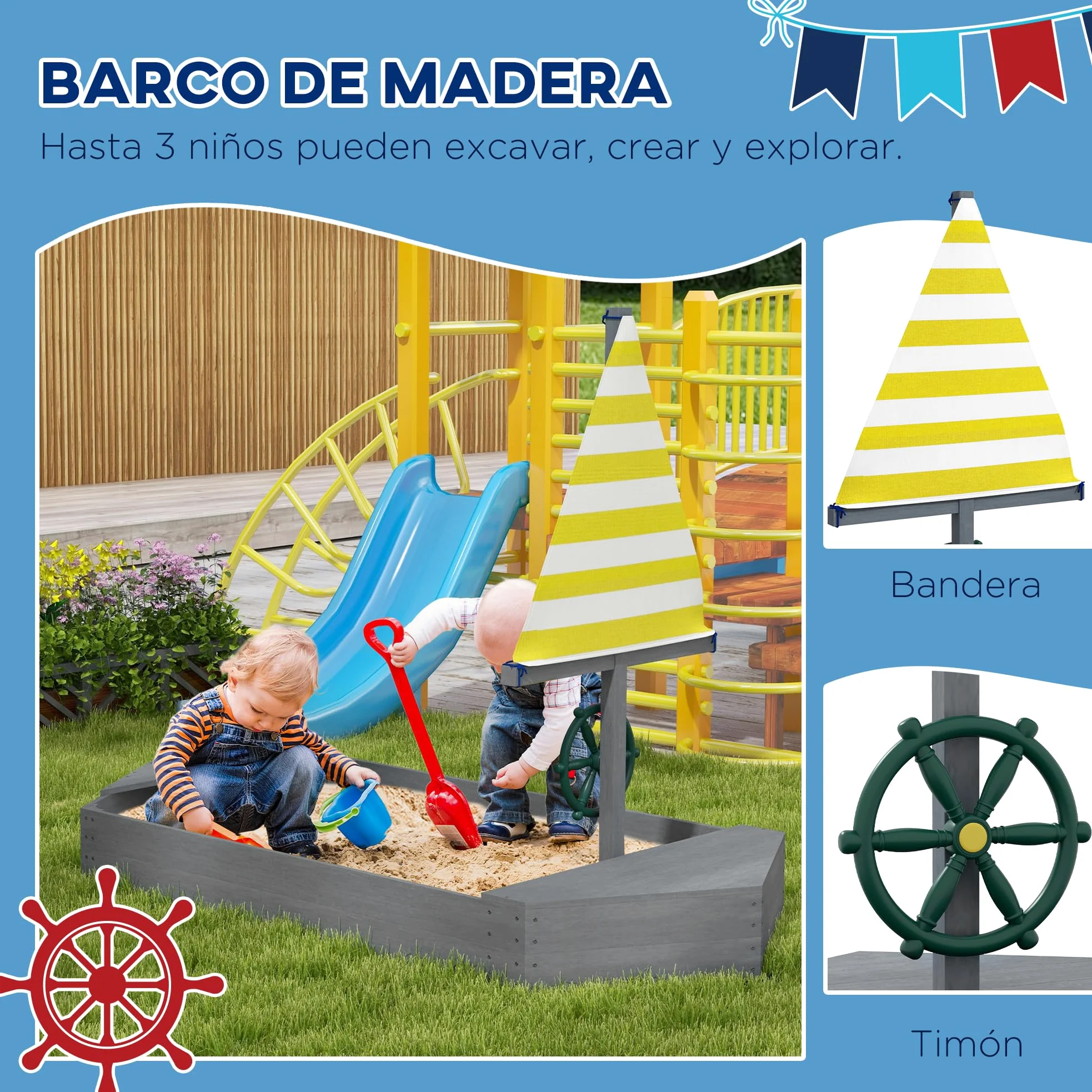 Outsunny Arenero para Niños de Madera Arenero Infantil con Bandera y Timón en Forma de Velero para Patio Jardín 190x90x138 cm GIRS Oscuro