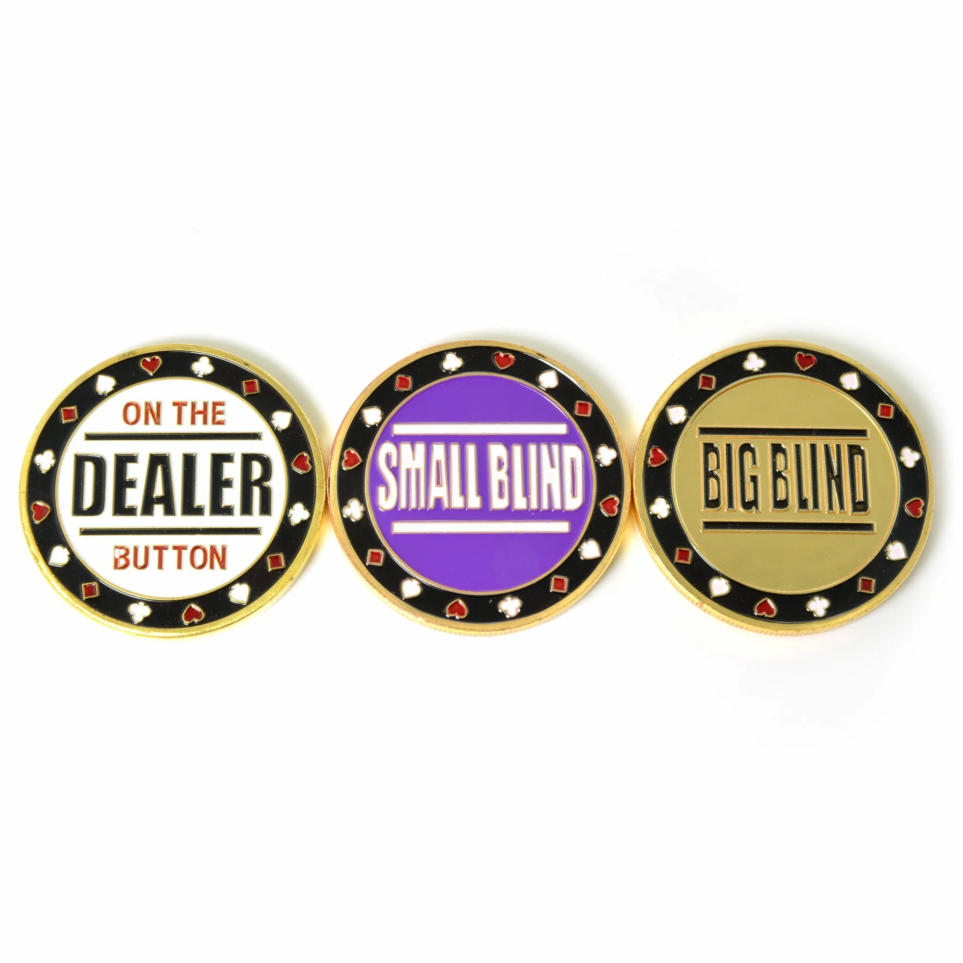 Ganzoo Juego de 3 Monedas para Poker en Estuche, Dealer Button Small Blind Big Blind, Metal Macizo con Relieve 3D en ambas Caras y Detalles, Bordes estriados para Agarre Firme, 40 mm, Espesor 3,1 mm