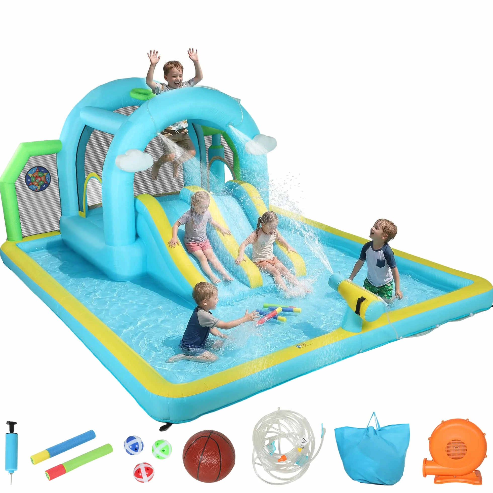 AIYAPLAY Castillo Hinchable Grande Acuático 7 en 1 con Soplador 450W Hinchable para Niños con Tobogán Seco/Agua, Trampolín, Piscina, Canasta, Columna de Boxeo Exterior/Interior 3-8 Años 426x360x198 cm