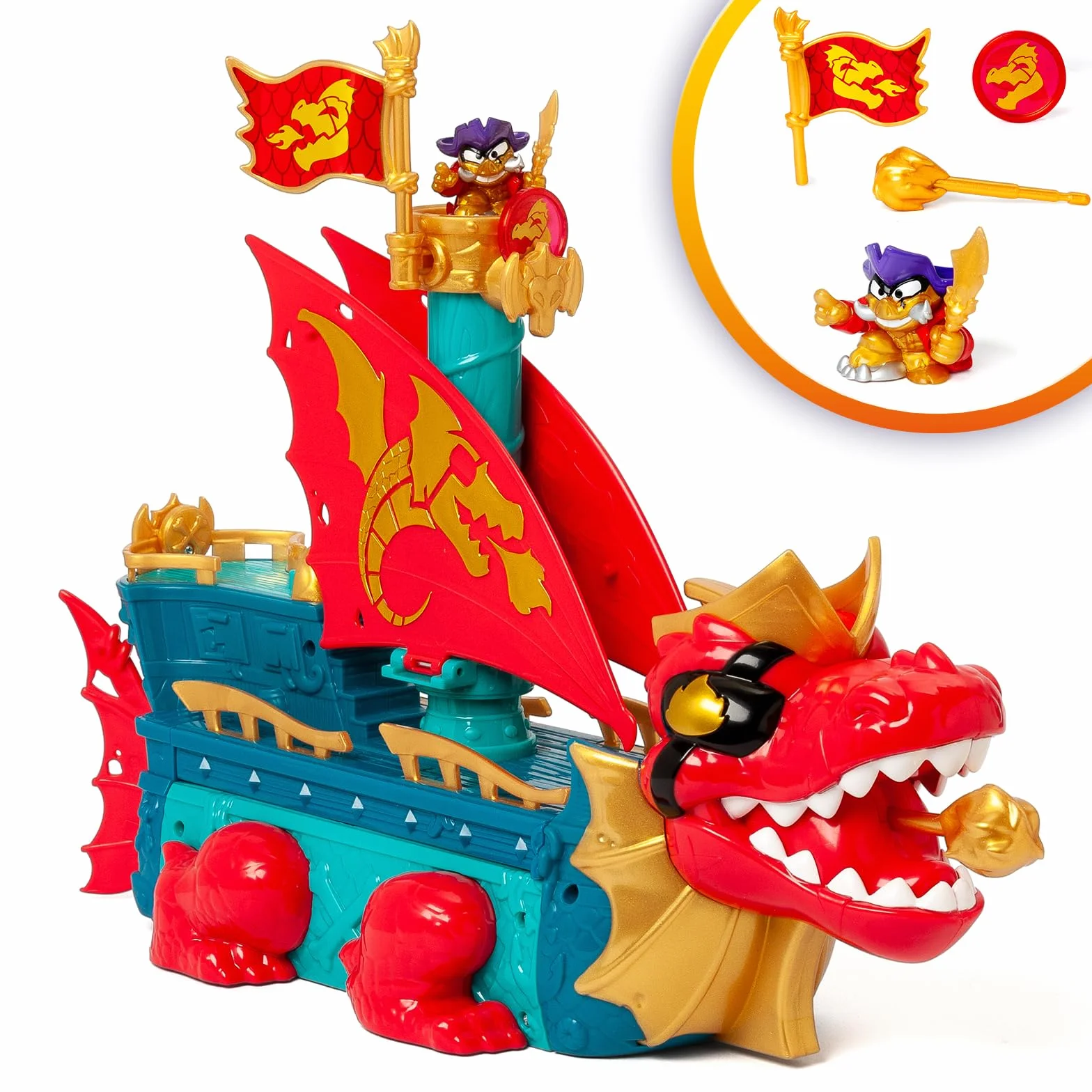 PIRATIX Dragon Ship – Barco Dragón de Piratix Todo Terreno 3 en 1: Tierra, Mar y Aire. Contiene 1 Barco Dragón, 1 Piratix Exclusivo, 1 Tesoro Exclusivo, 1 Bandera y 1 proyectil