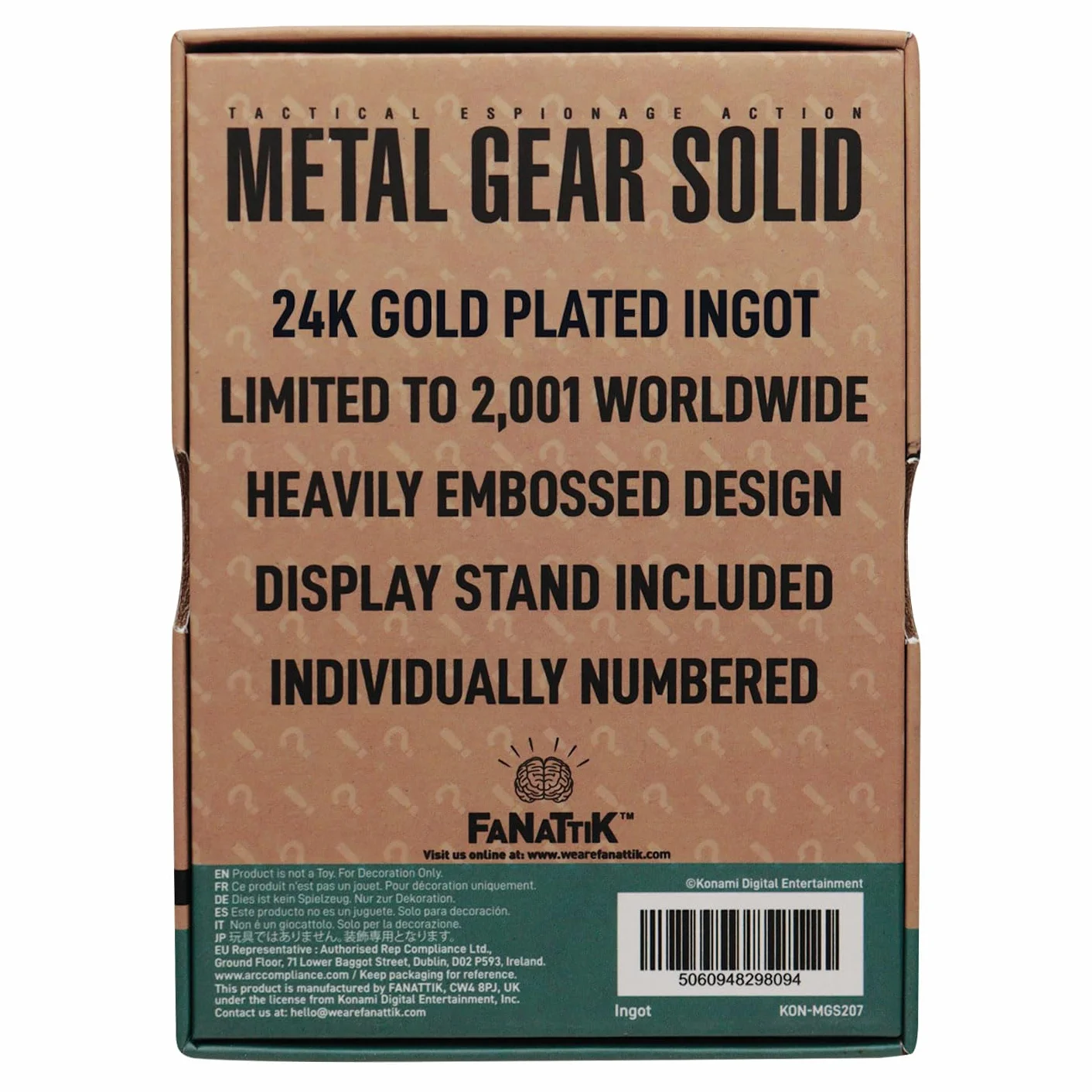 FaNaTtik Metal Gear Solid 2 - Lingote de serpiente sólido chapado en oro de 24 quilates, con licencia oficial y edición limitada coleccionable (2.001 en todo el mundo) con numeración individual