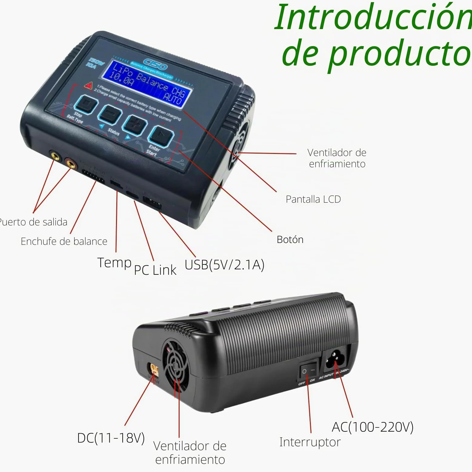 Cargador/descargador Inteligente de baterías de Litio C150 de 150 W y 10 A, Cargador RC para baterías LiPo, Li-Ion, Life, LiHV, NiMH, NiCd y PB, con Control por Pantalla LCD, múltiples interfaces