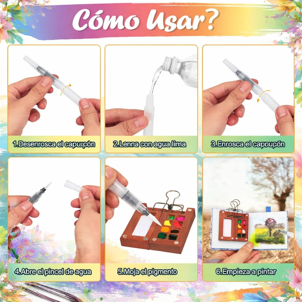 Mini Set de Acuarelas con Cuaderno y Pintura, Paquete Completo Acuarela 12 Colores Paleta Madera mini juego viaje papel acuarela, bolígrafos, clip, 8 cuadrículas para pintores, (Azul)
