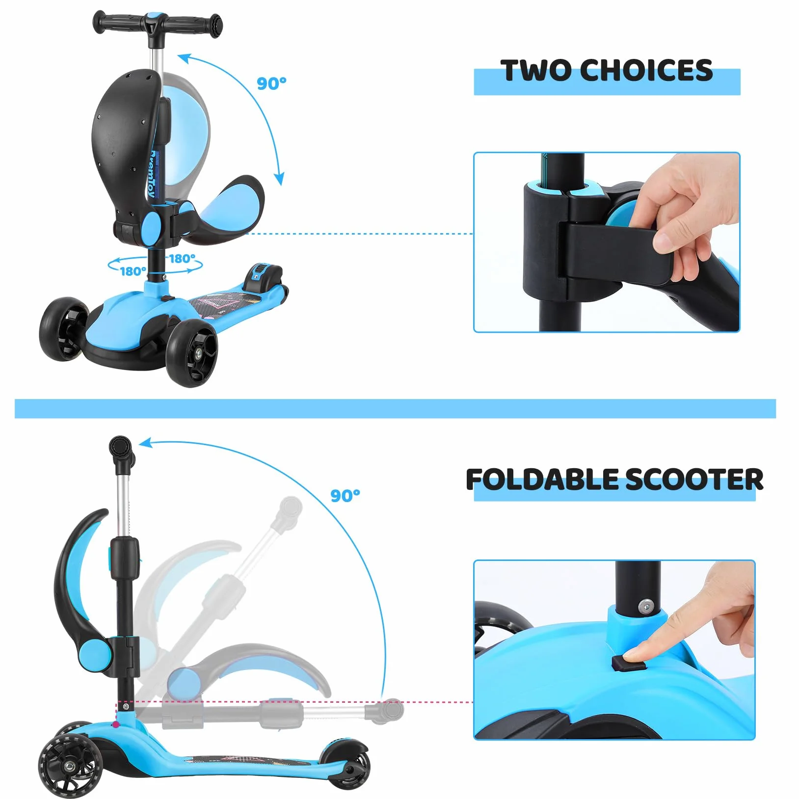 BremToy Patinete para Niños de 1 a 12 Años, Ajuste de Altura Infinito, Patinete con Asiento Extraíble, 3 Ruedas Brillantes LED, Carga Máxima 50KG, Regalos para Niños