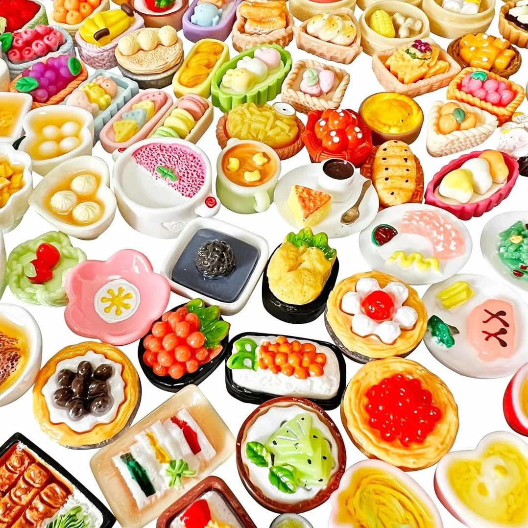 50 Piezas Comida y Bebida Miniatura, Accesorios para Casa de Muñecas, Set de Alimentos Miniatura, Mini Cocina, Accesorios para Muñecas Pequeñas, Vajilla de Juguete, Estilos Aleatorios