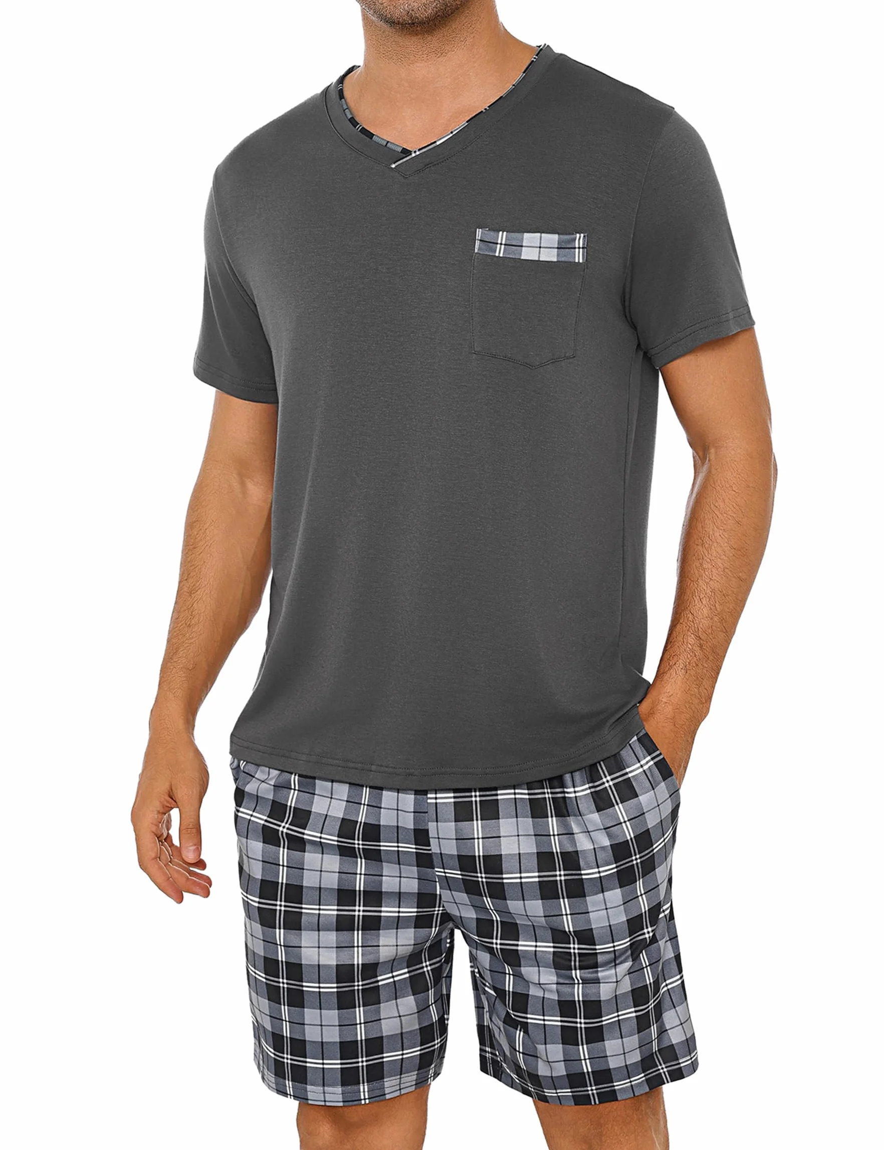 Pijamas de Verano Hombre 2 Piezas Corto Conjunto de Pijama a Cuadros con Cuello en V S-3XL